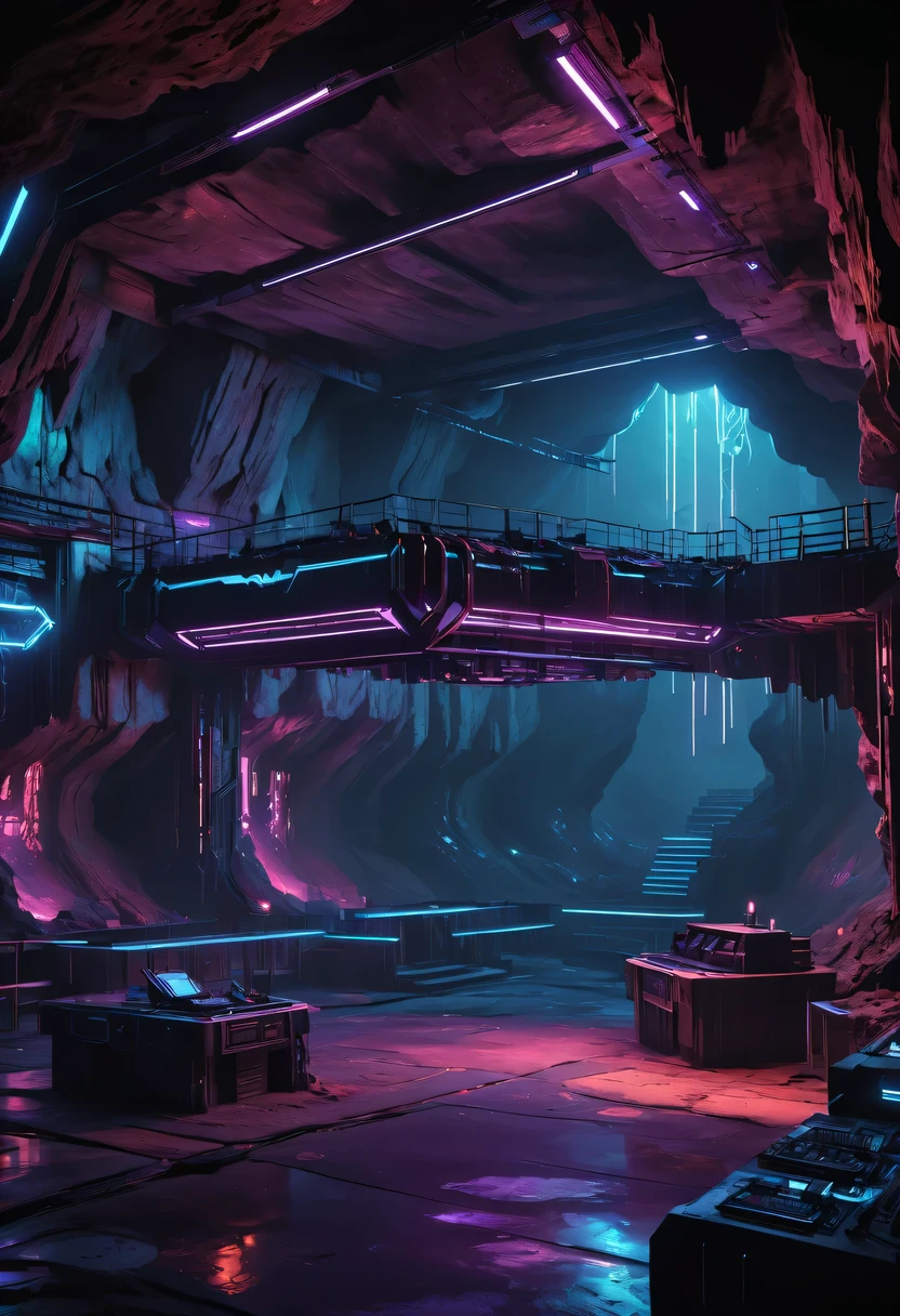 (Underground cave dance hall:1.2),underground structure,sense of technology,cave underground dance hall,underground structure,Gothic ballroom underground cave,vampire dancing,stage,DJ,light lighting,sense of technology,futuristic,Science fiction,cyberpunk,Unreal Engine,fault art,mechanical aesthetics,neon lights