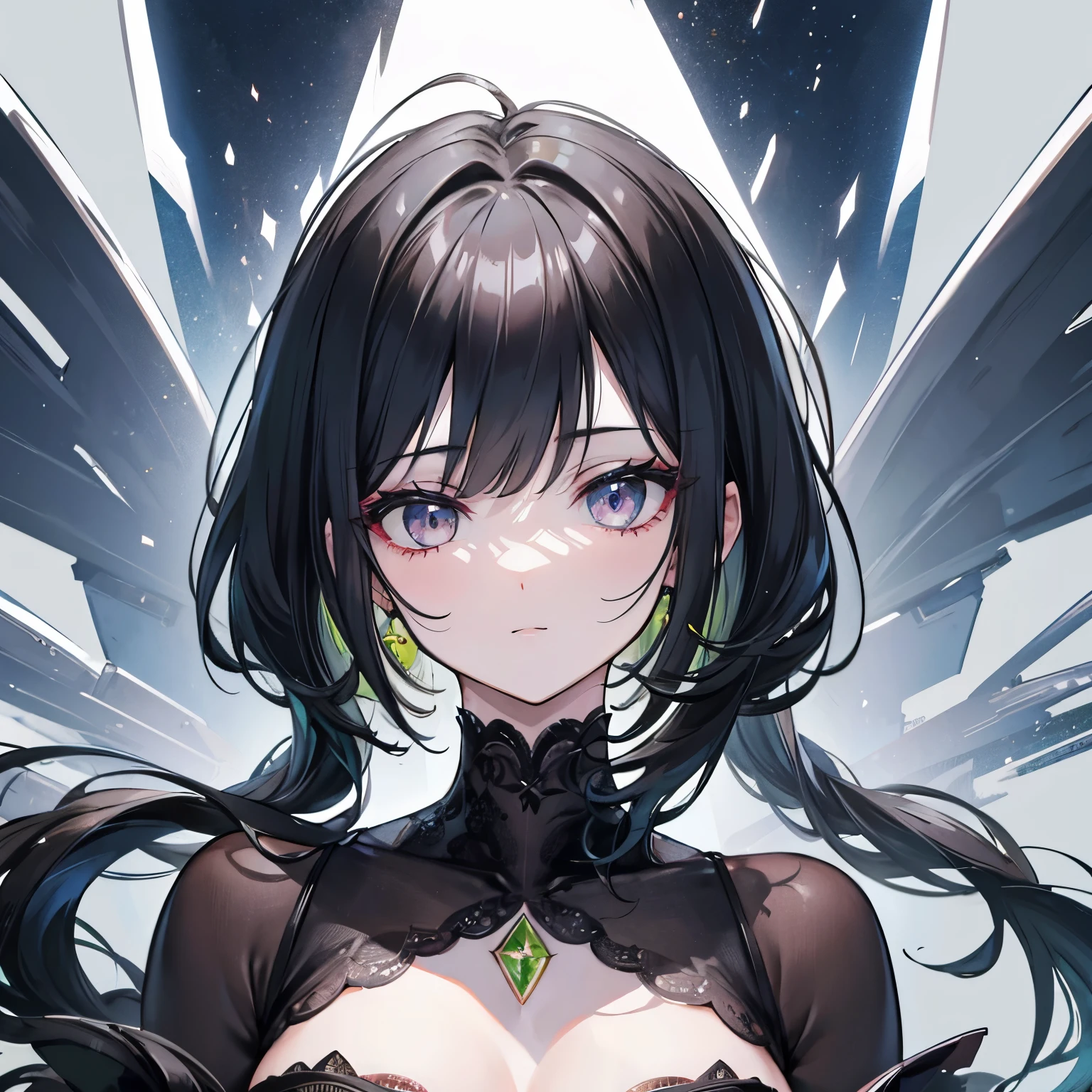 Human, high-resolution, masterpiece, wolfcut hairstyles, black hair, peridot eyes, super details, eye details, 16k, looking at viewer