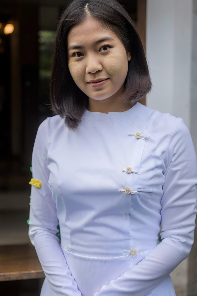 A pretty Asian girl,Burmese,ars, Half body portrait,realisitic,black short hair,超A high resolution, medium breast, sharp eyes, wearing longyi myanmar dress,