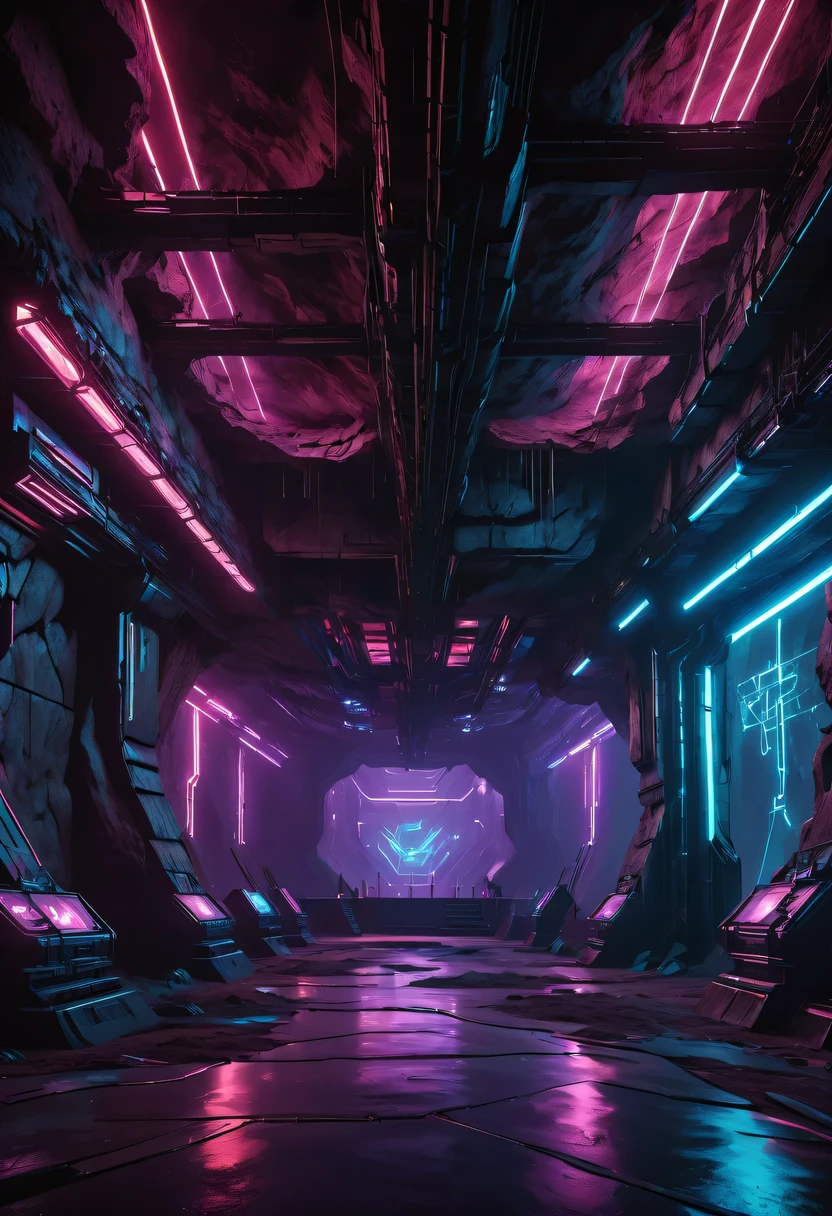 (Underground cave dance hall:1.2)，underground structure，sense of technology，cave underground dance hall，underground structure，Gothic ballroom underground cave，vampire dancing，stage，DJ,light lighting，sense of technology，futuristic，Science fiction，cyberpunk，Unreal Engine，fault art，mechanical aesthetics，neon lights
