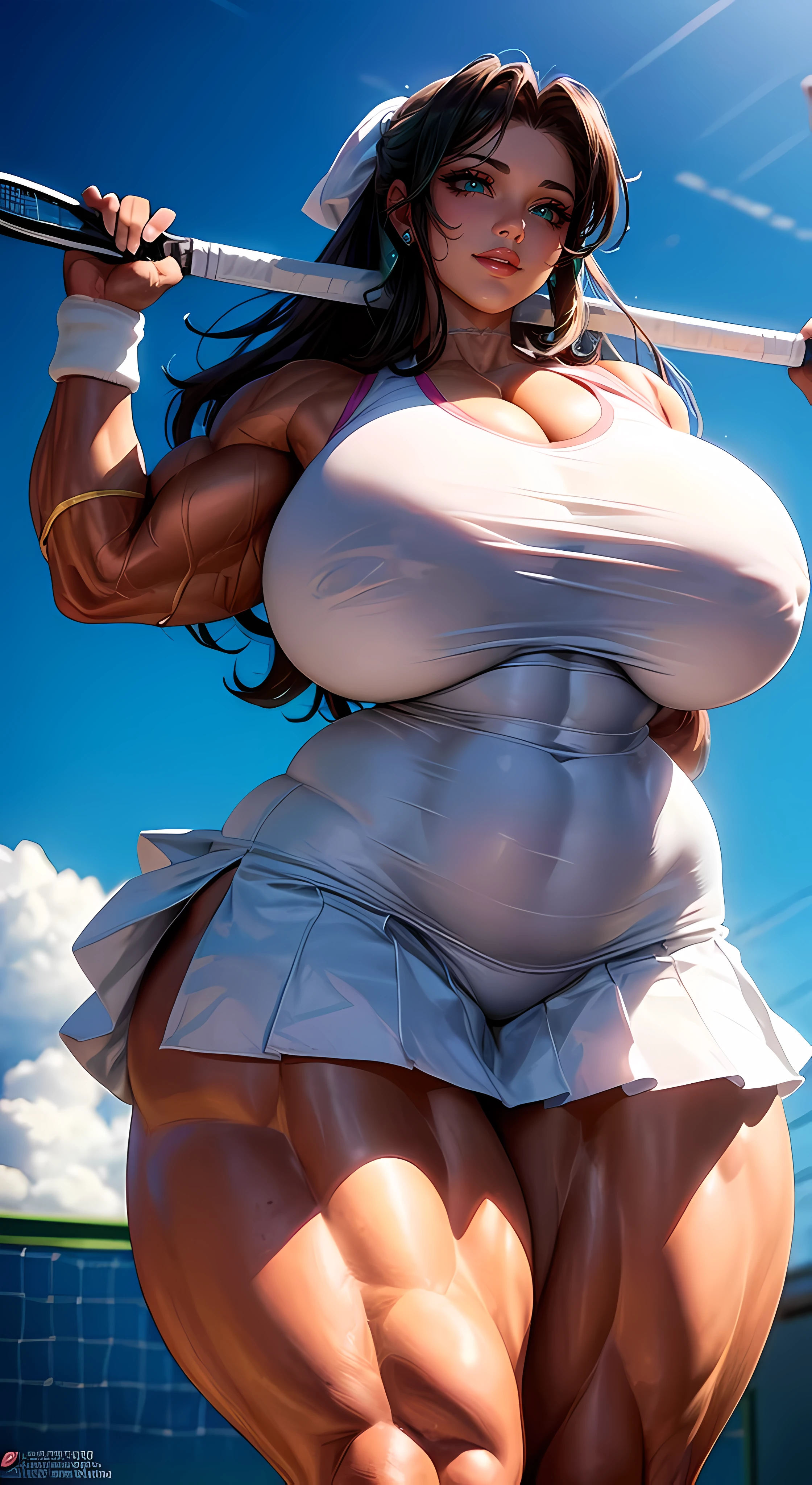 high quality, masterpiece, (photographrealistic:1.4), 8K, big chest, Seductive Anime woman, oppai proportions, Photorealistic, perfect body, Voluptuous body, curvy body, Naughty anime style, plump, Erotic cartoon style body, Married woman's big ass, Married woman atmosphere, mamma size, (gigantic breasts:1.5), colossal breasts, (smile), aroused, (muscular:1.2), doroppy breasts, thick Thighs, clavege, ((tennis player)), 37-year-old, (white tennis uniform), micro skirt, ((NSFW)), (((accurate anatomy))), ((wide hips)), ((long legs)), (((Massive Female Bodybuilder))), ((((Muscular Legs)))), (((((Huge Muscles)))))