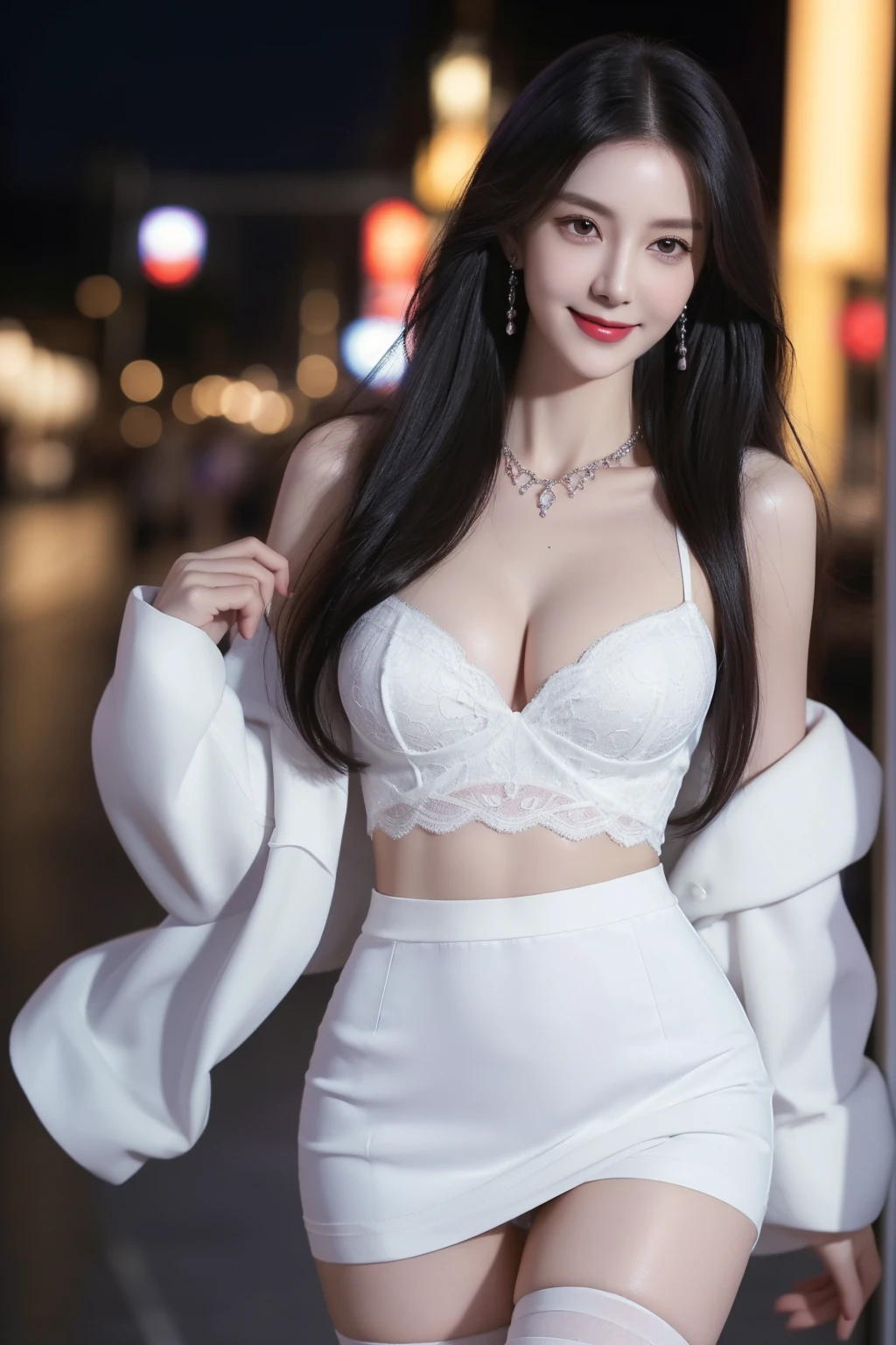 (8k, RAW photos, best quality, masterpiece), (realistic, photograph realistic), (masterpiece, best quality, High detail, Best image quality, super detailed, high resolution, Very detailed, Best quality, Extreme detail description, hyperdetailed painting), (An extremely delicate and beautiful work), Beautiful detailed girl, ((shirt lift, lifted by self)), Very detailed eyes and face, Beautiful detailed eyes, Masterpiece, fair skin, noble beauty, very detailed facial, detailed skin structure, perfect anatomy, perfect figure, ((perfect body)), Beautiful detailed whole body, delicate face, fine collar bone, lovely lips, Behind the softness, ((beautiful thighs)), ((slim waist)), ((big breasts, Bulging breasts, crisp breasts)), ((cleavage)), ((soulful eyes)), ((black eyes)), ((beautiful and clear eyes))), (bounce bang straight long hair), ((purple hair)), (smiling eyes headline), (Enchanted expression), (seductive look), (charming), ((An extremely detailed and elegant see-through dark blue lace shirt)), ((white fur coat and red skirt)), ((black hose)), head gear, highly detailed necklace, delicate hair clip, Delicate earrings, ((view over street, city, midnight)), ((the night)), physically-based rendering, (((the body from the thighs up)))