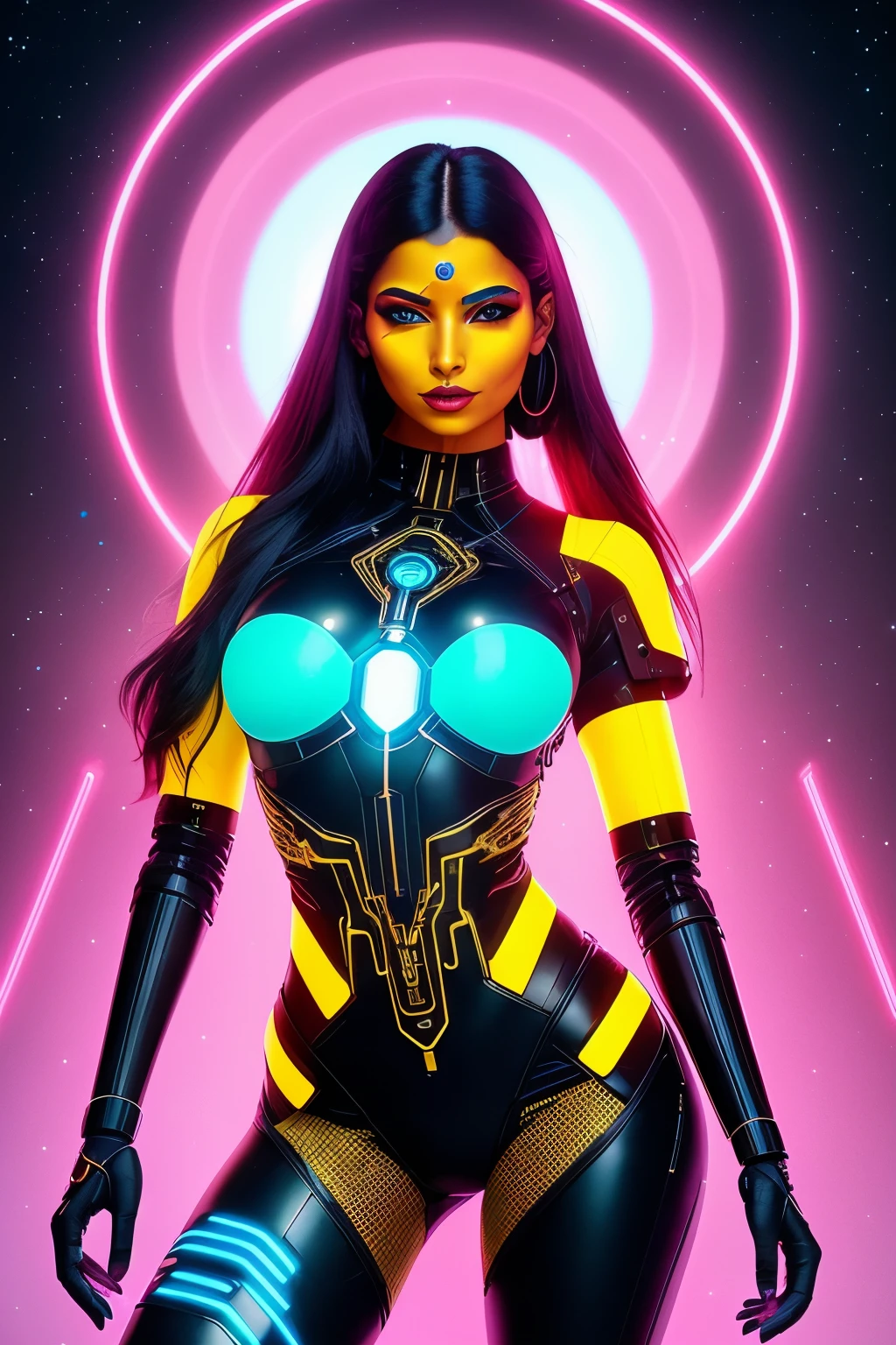 In the realm of indigenous futurism, an Indian cybernetic cybergoddess emerges, embodying the spirit of cyberpunk. Her body, a compositional masterpiece, gleams with eye-catching metallic arrangements, reminiscent of the fantastical fantasy style. Designs adorn her symmetrical form, iridescent in hues of deep red, electric blue, vivid green, and vibrant yellow. Her distinctive, bold nose stands out against her luminous features.

Bright neon accents frame her ethereal figure, their bloody colors contrasting in a captivating harmony. Her cybernetic bodysuit, a composite of intricate compositions, boasts