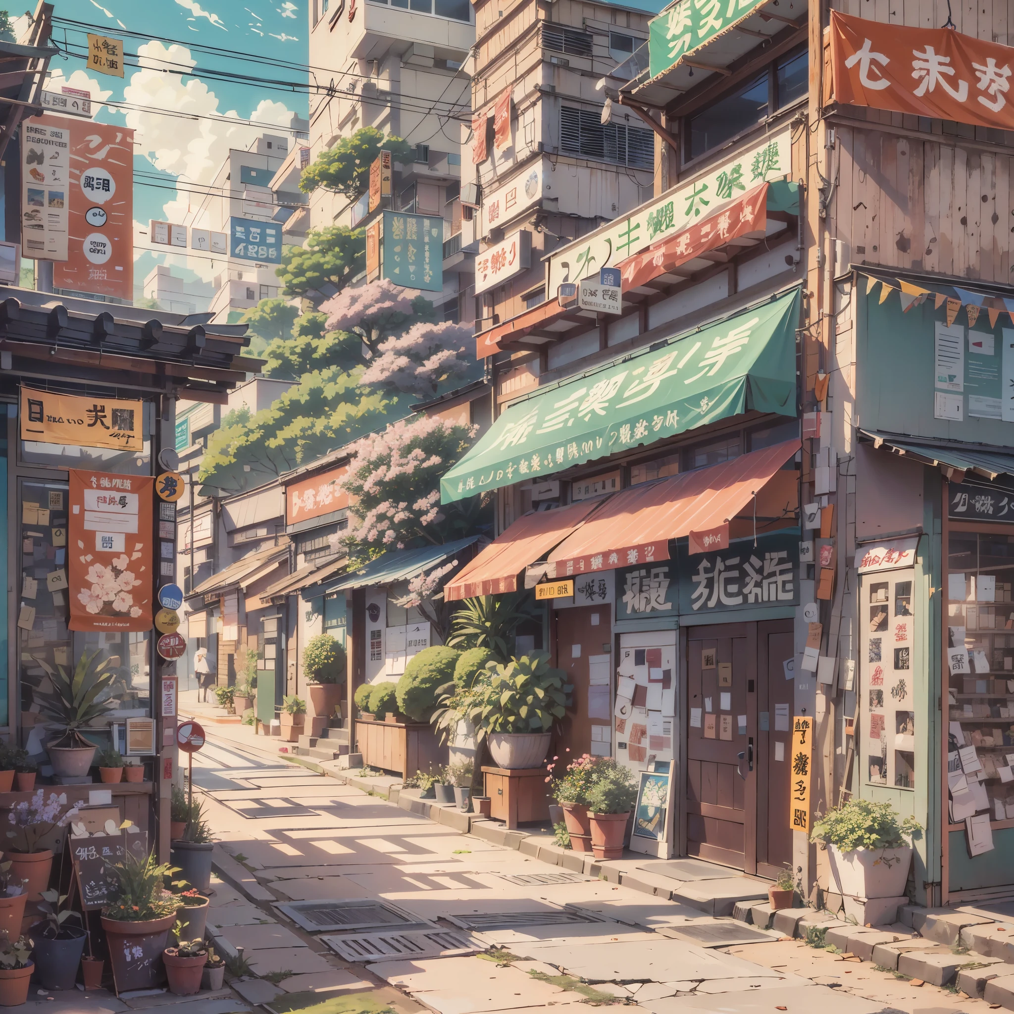 anime background, anime wallpaper, anime, anime style, lofi, lofi style, modern japanese street, mountains, uphill, modern japanese architecture, japanese convenience store, big retro japanese shop signs, retro japanese store, trees, plants, rocks, plant pots, shop signs, japanese banners, japanese signs, flags, empty street, no one in sight, (no one: 1), best quality, wide view, street going uphill, buildings tight together,