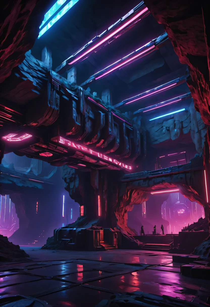 (underground cave research institute:1.2)，underground structure，sense of technology，underground research cave，underground structure，light lighting，sense of technology，futuristic，Science fiction，cyberpunk，Unreal Engine，fault art，mechanical aesthetics，neon lights