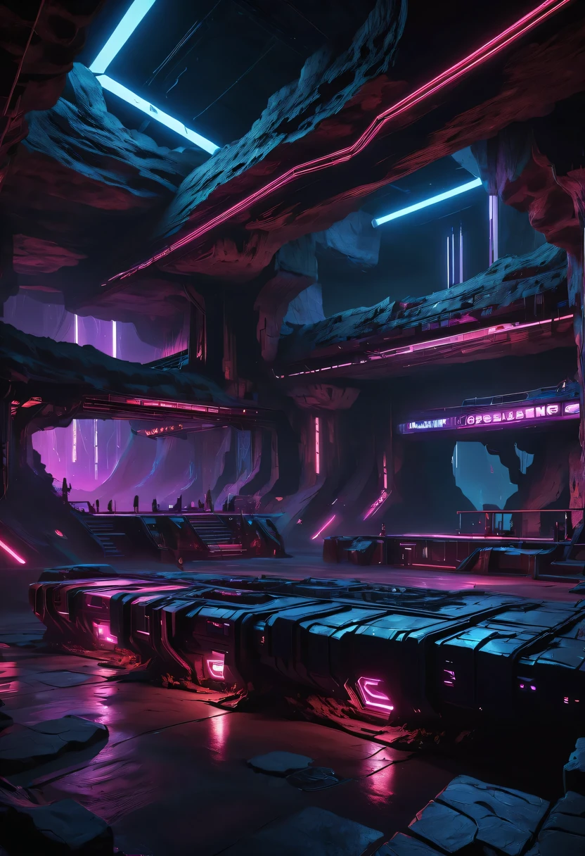 (underground cave research institute:1.2)，underground structure，sense of technology，underground research cave，underground structure，light lighting，sense of technology，futuristic，Science fiction，cyberpunk，Unreal Engine，fault art，mechanical aesthetics，neon lights