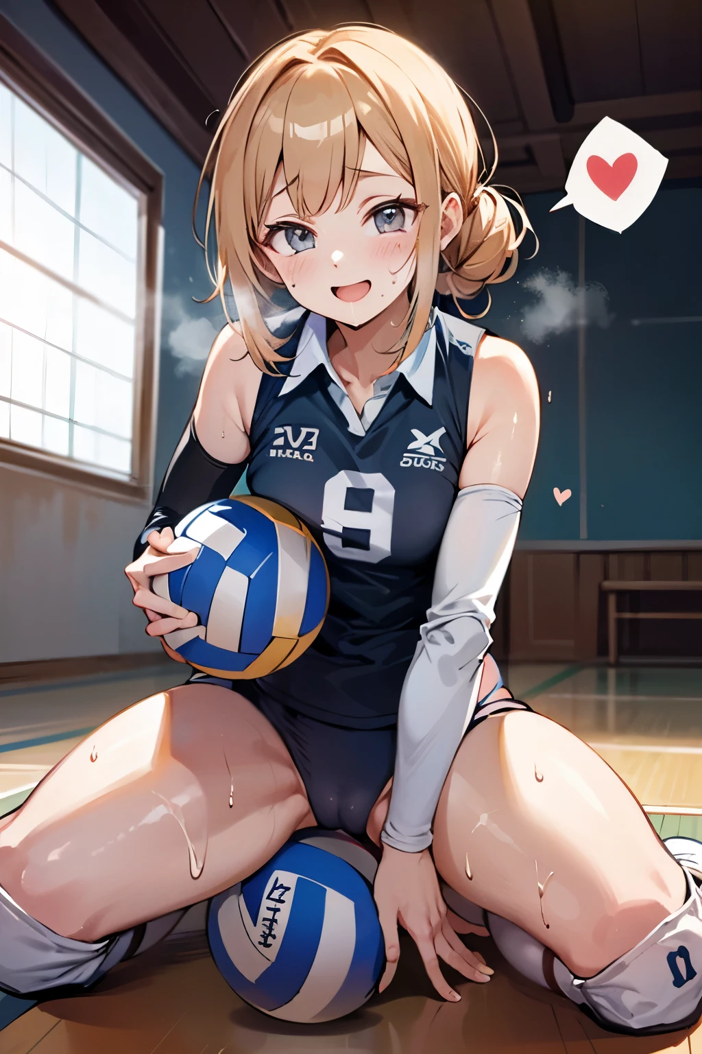 unity 8k wallpaper, anatomically correct, (((masterpiece))), (((best quality))), (((ultra detailed))), (((high-resolution))), ((Ultimate cutie)), perfect hands, perfect finger, (((good anatomy))), detailed beautiful face, shiny hair, (((gyaru))), (potbelly), (curvy), medium breasts, ((Thick thighs)), (((solo))), ((seductive smile)), (((blush))), (half open mouth),
BREAK, (((sit astride the perfectly spherical shape 6-inch volleyball))), (((Straddling a perfectly spherical 6" volleyball))), (((Perfectly spherical 6" volleyball fits perfectly crotch))), BREAK, (((Rub the Perfectly spherical 6" volleyball against crotch))),
BREAK, (Collared volleyball uniforms), sleeveless, ((buruma)), ((kneepad)), (pussy juice stained), (elbow pad), (((sweat))), (((covered in sweat))), ((deep breathing)), in Volleyball Court, indoor, lighting, looking at viewer, full body, (spoken heart)