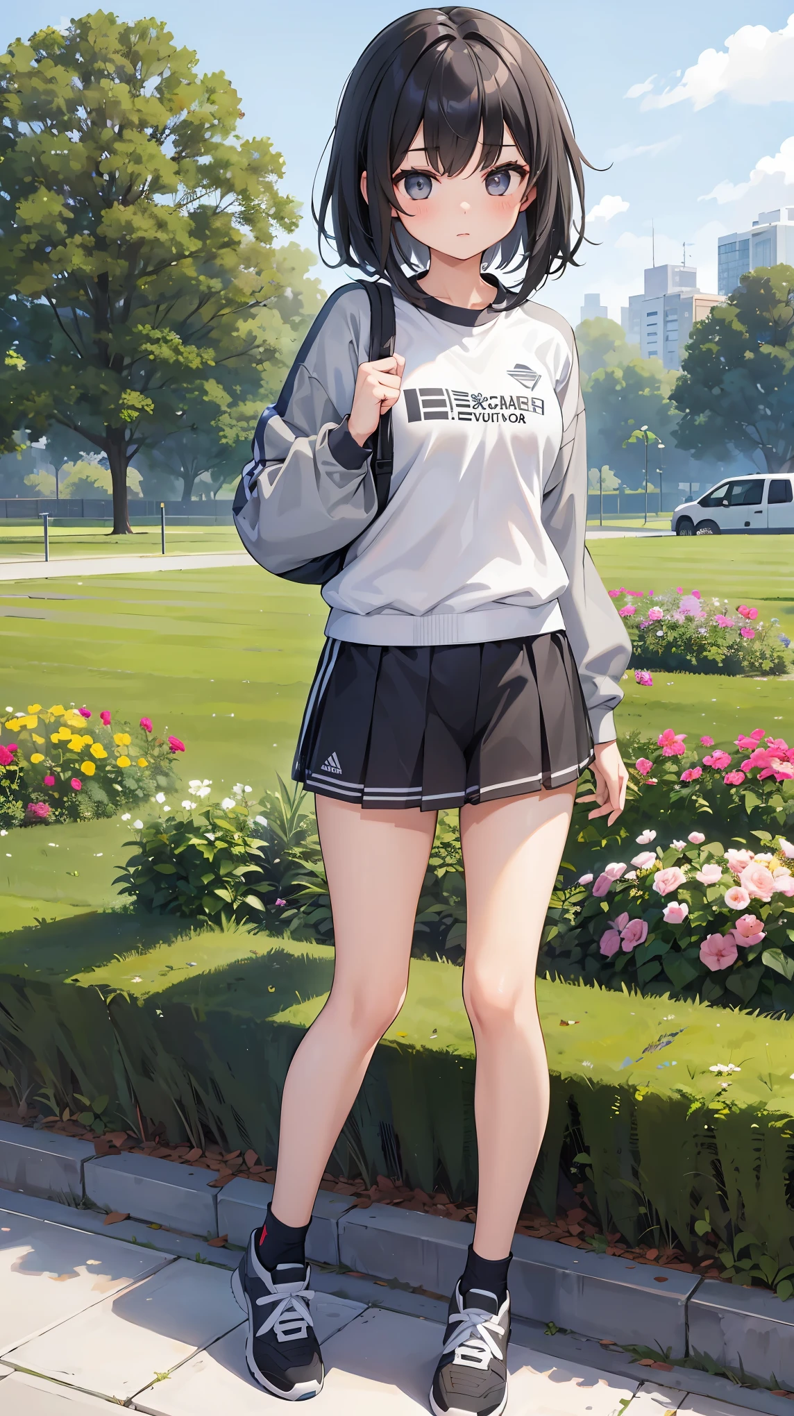 Girl, cute, wearing a gray sports uniform, black hair, medium hair, garden، (Gray sportswear)
