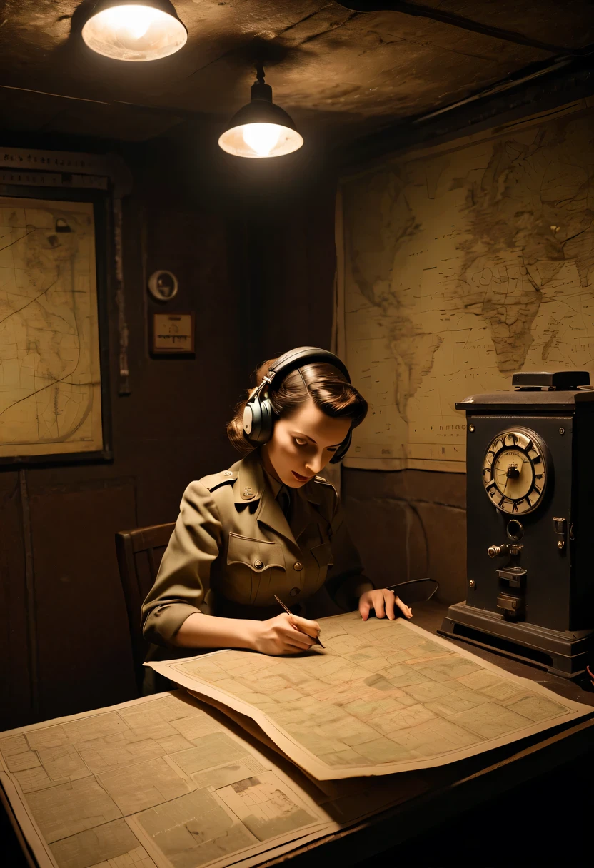 More than 40 years old,Telegraph used underground to send messages in dark tunnels,Female spy wearing headphones,underground combat headquarters,old map hanging on the wall,