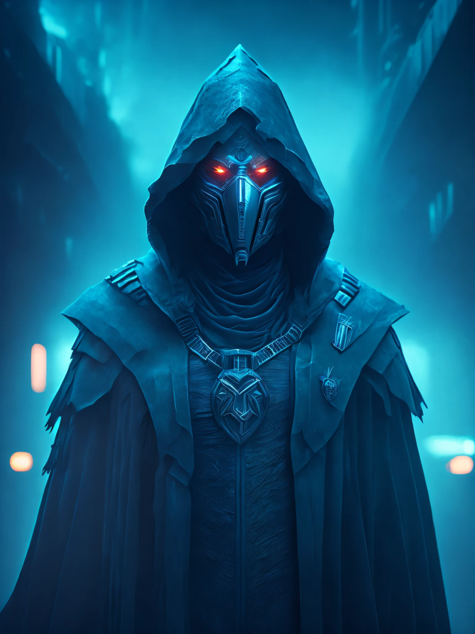 Foggy portrait of reaper from Marvel with intricate angular cybernetic implants inside a brutalist building, gothic abounded hospital, cyberpunk, award-winning photo, bokeh, smokey neon lights, cybernetic limb