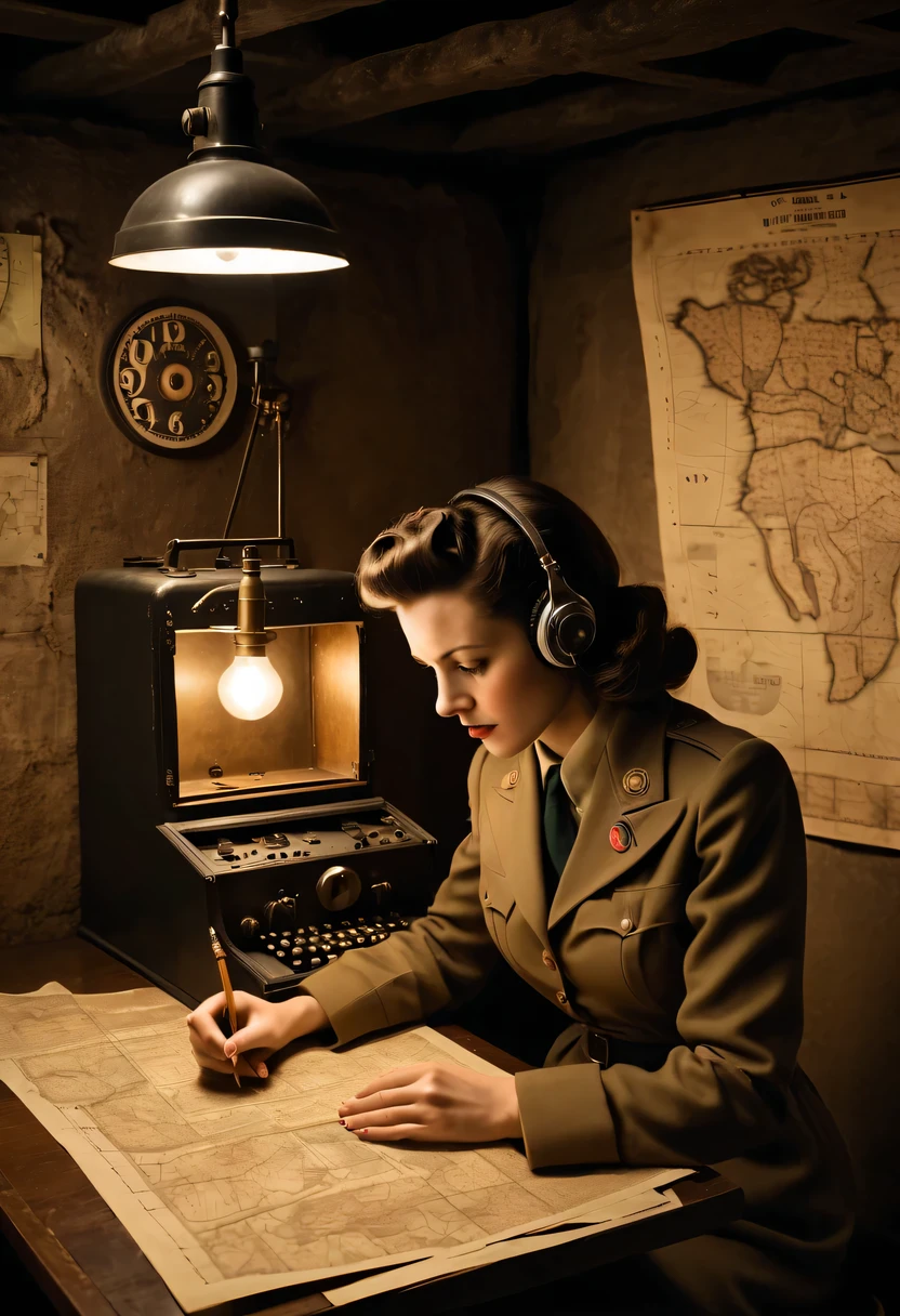More than 40 years old，Telegraph used underground to send messages in dark tunnels，Female spy wearing headphones，underground combat headquarters，old map hanging on the wall，