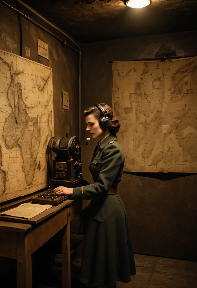More than 40 years old,Telegraph used underground to send messages in dark tunnels,Female spy wearing headphones,underground combat headquarters,old map hanging on the wall,