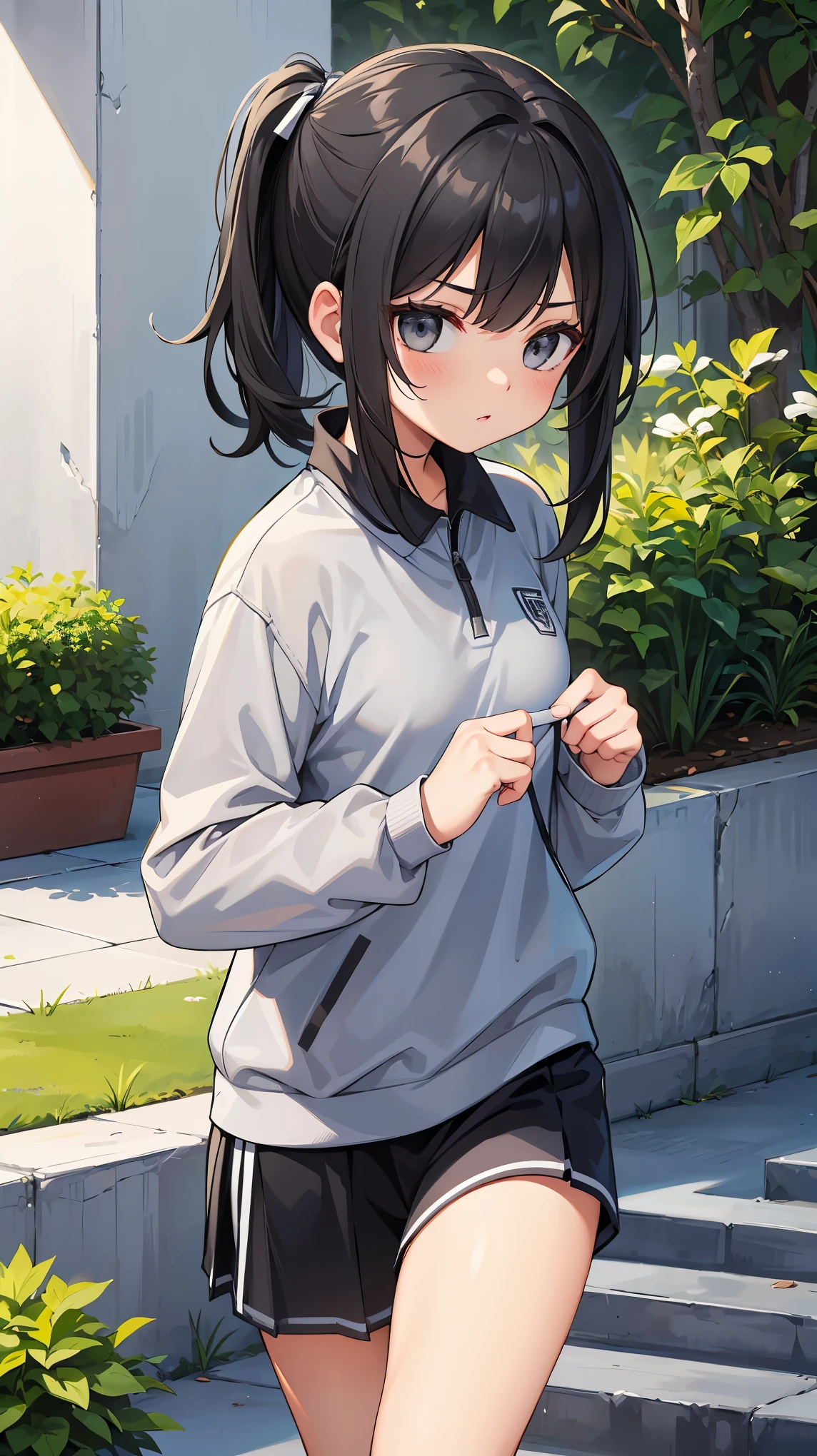 Girl, cute, wearing a gray sports uniform, black hair, medium hair, garden، (Gray sportswear)