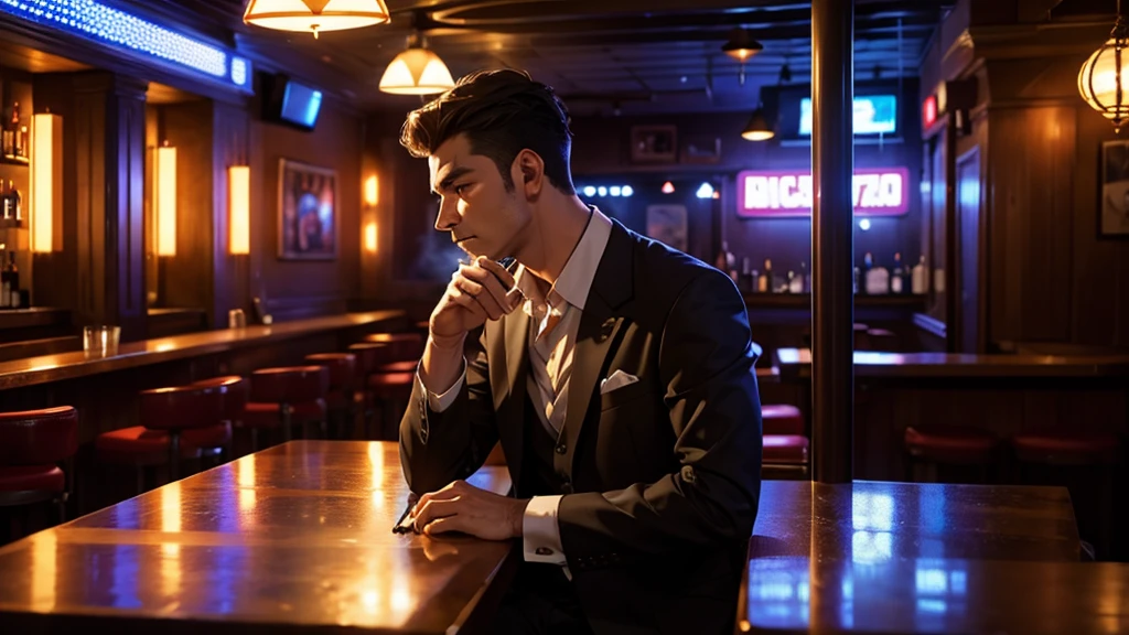 wide shot of a man smoking in a bar, cinematic lights