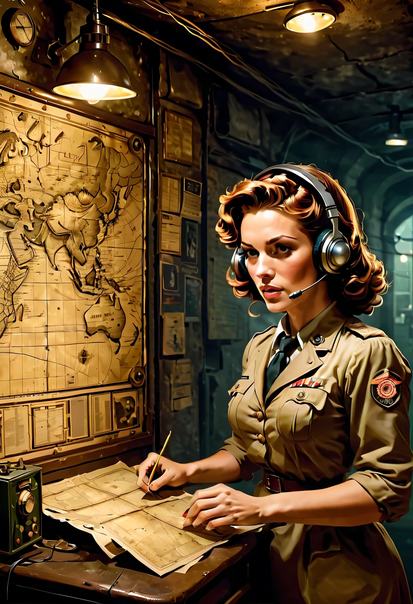 More than 40 years old,Telegraph used underground to send messages in dark tunnels,Female spy wearing headphones,underground combat headquarters,old map hanging on the wall,