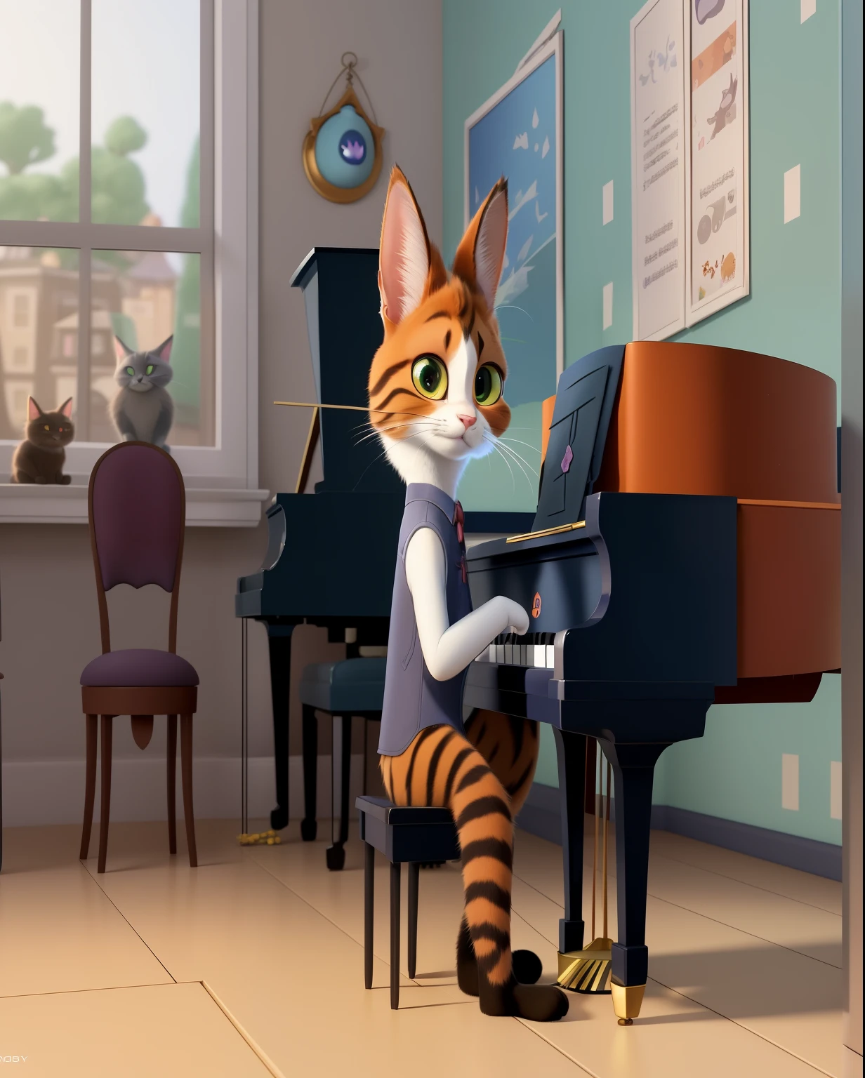 there is a cat that is playing a piano in a room, cat [ playing a piano ], animated movie still, pixar zootopia. 3 d rendering, alexey egorov, by Pixar, animated movie scene, anime visual of a cute cat, new cats movie, animated film, adorable digital painting, 3 d animated movie, animated movie shot, in zootopia city