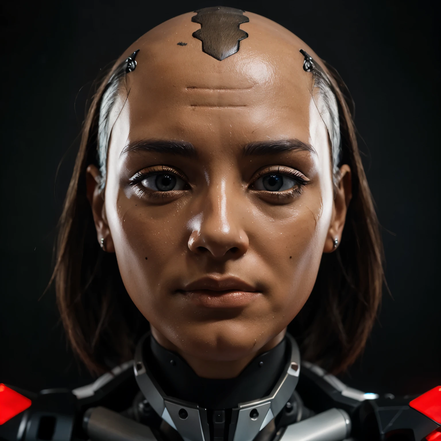 Humanoid robot face in front of skinless human face