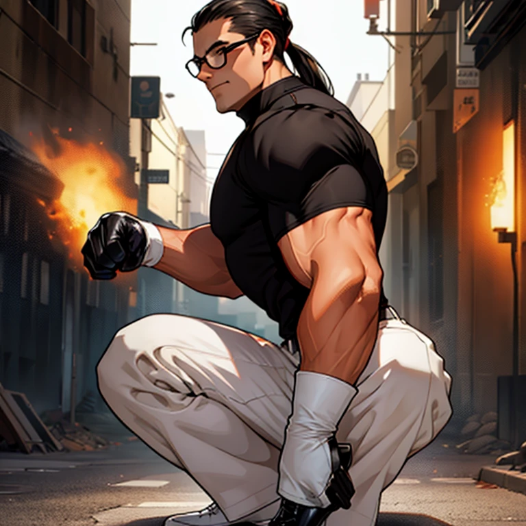 masterpiece, high resolution, best quality, wonderful art, detailed hands, 1 man, solo, Robert Garcia KOF, slim body, 30 years old, full body, slim, long black hair, ponytail, copper vest, black sleeveless turtleneck top, black MMA gloves, white pants, black shoes, wearing navy blue glasses, looking at the viewer, making his combat position, martial arts tournament environment 