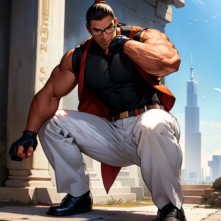 masterpiece, high resolution, best quality, wonderful art, detailed hands, 1 man, solo, Robert Garcia KOF, slim body, 30 years old, full body, slim, long black hair, ponytail, copper vest, black sleeveless turtleneck top, black MMA gloves, white pants, black shoes, wearing navy blue glasses, looking at the viewer, making his combat position, martial arts tournament environment 