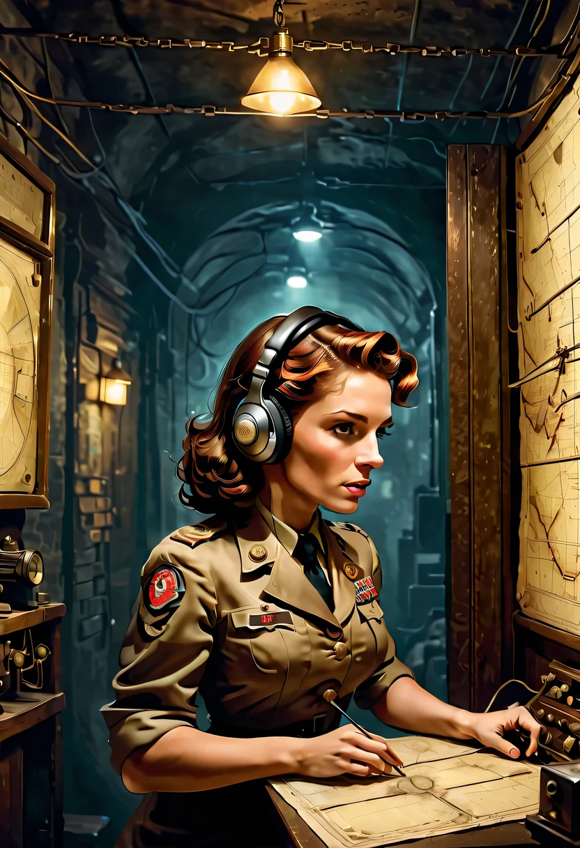 More than 40 years old,Telegraph used underground to send messages in dark tunnels,Female spy wearing headphones,underground combat headquarters,old map hanging on the wall,
