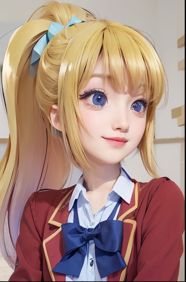 Realistic Picture of Karuizawa Kei, female anime character, classroom of the elite character, high school student, Yellow-gold hair, ponytail hairstyle with bangs hair,green ribbon, light purple eyes, smile expression face, smile mouth, half body picture, wear school uniform, red blazer with yellow lines, light blue shirt, with dark blue bow tie, side head looking, side eyes looking, realistic texture character, 3d figure design, ultra detailed face