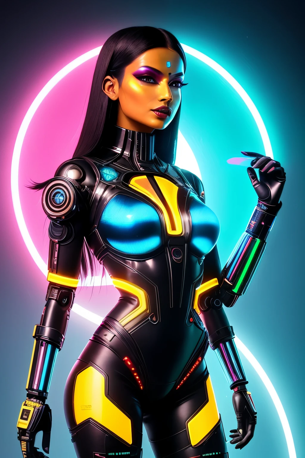 In the realm of indigenous futurism, an Indian cybernetic cybergoddess emerges, embodying the spirit of cyberpunk. Her body, a compositional masterpiece, gleams with eye-catching metallic arrangements, reminiscent of the fantastical fantasy style. Designs adorn her symmetrical form, iridescent in hues of deep red, electric blue, vivid green, and vibrant yellow. Her distinctive, bold nose stands out against her luminous features.
Bright neon accents frame her ethereal figure, their bloody colors contrasting in a captivating harmony. Her cybernetic bodysuit, a composite of intricate compositions, boasts