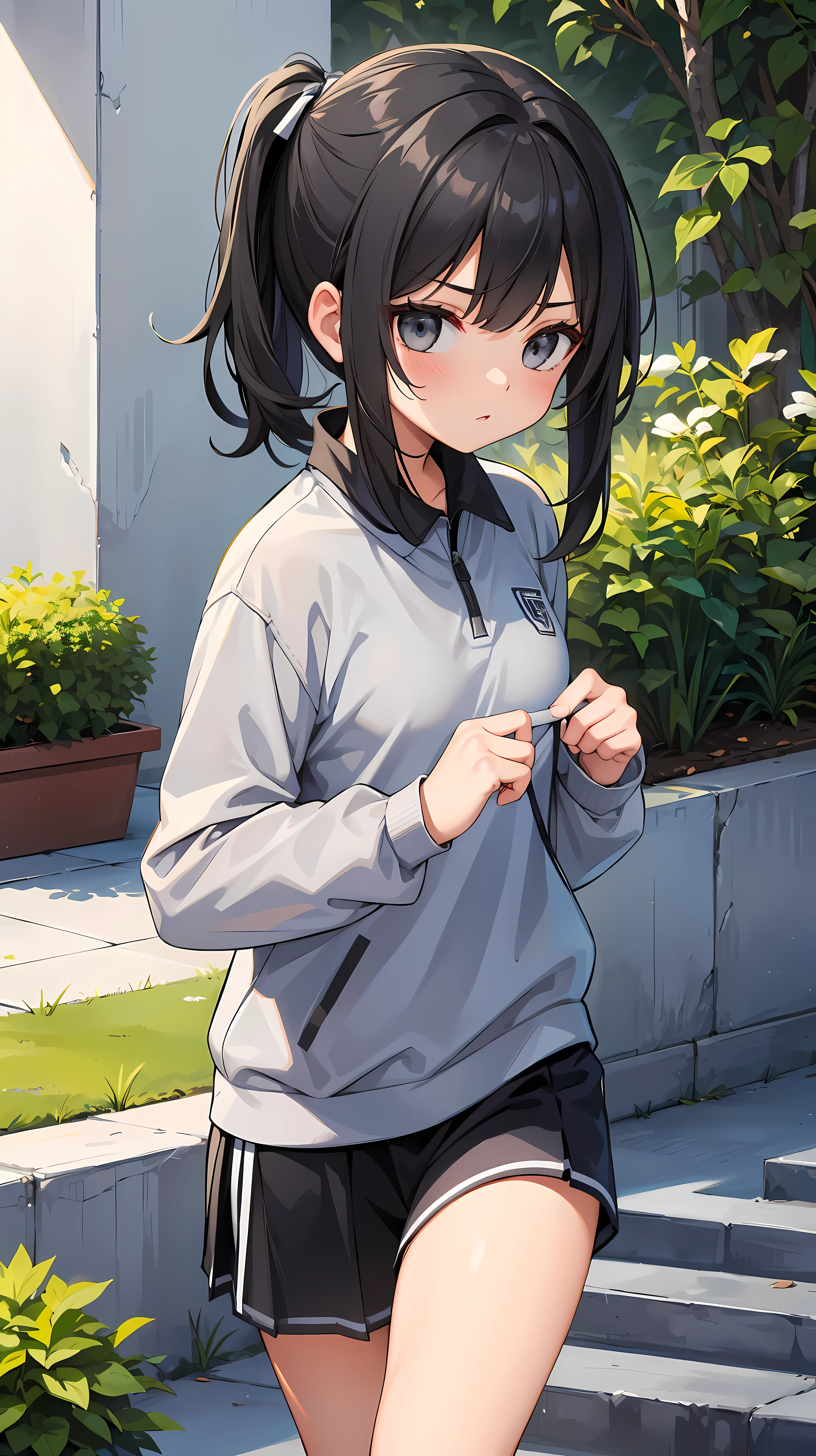 Girl, cute, He wears a gray sports uniform, Black hair, Medium hair, garden, (Gray sportswear)