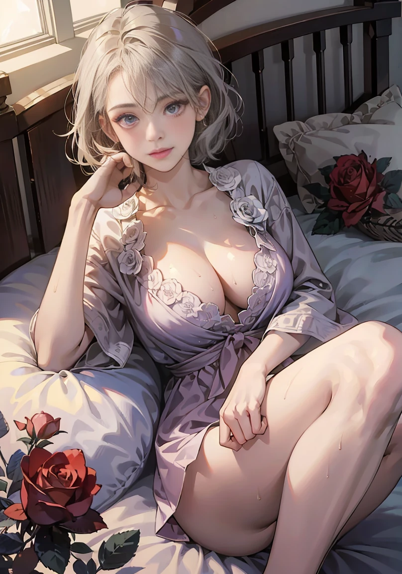 ((((masterpiece, highest quality, High resolution)))), Highly detailed 8K, Beautiful girl with a slender body, (Ultra HD, super detailed, very detailed, very realistic, surreal, realistic pictures), (1 girl:1.5), gray hair, short wavy hair, bob cut, purple eyes, light smile, (big breasts: 1.2), (sunbeam, sunlight, Rose, Wind), Bedroom, lying in bed, blush, Sweat