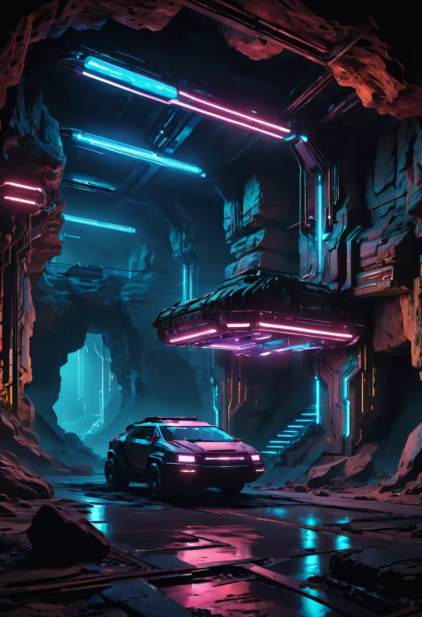 (underground cave research institute:1.2)，underground structure，sense of technology，underground research cave，underground structure，light lighting，sense of technology，futuristic，Science fiction，cyberpunk，Unreal Engine，fault art，mechanical aesthetics，neon lights