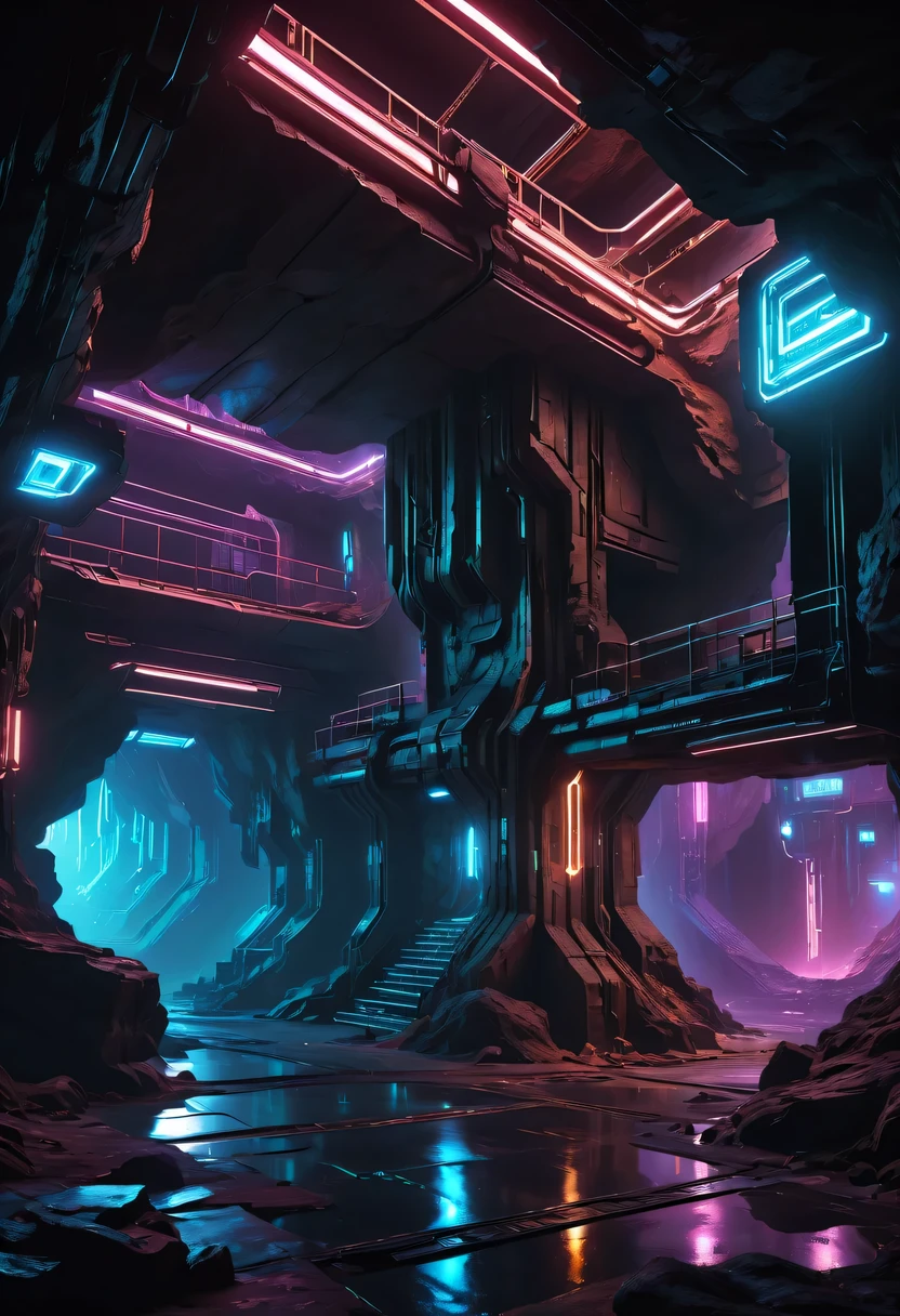 (underground cave research institute:1.2)，underground structure，sense of technology，underground research cave，underground structure，light lighting，sense of technology，futuristic，Science fiction，cyberpunk，Unreal Engine，fault art，mechanical aesthetics，neon lights