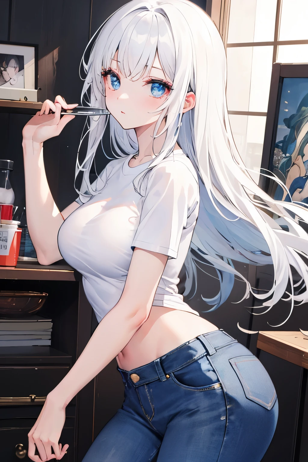 ((best quality)), ((masterpiece)), (detailed), perfect face, white hair, big eyes, girl ,fit girl, medium breasts, perfect breasts , long hair, ((body picture)), view from angle, tight white shirt, jeans