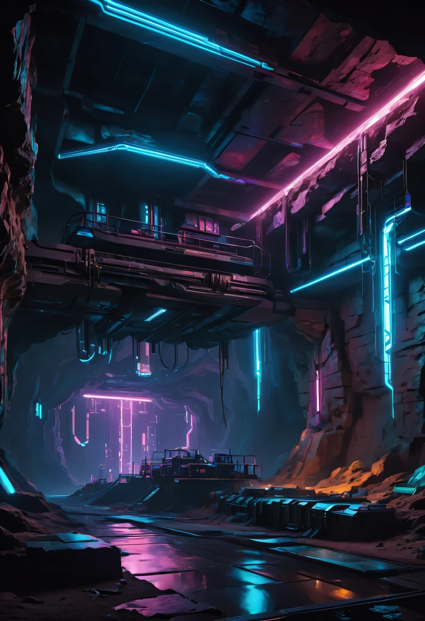 (underground cave research institute:1.2)，underground structure，sense of technology，underground research cave，underground structure，light lighting，sense of technology，futuristic，Science fiction，cyberpunk，Unreal Engine，fault art，mechanical aesthetics，neon lights