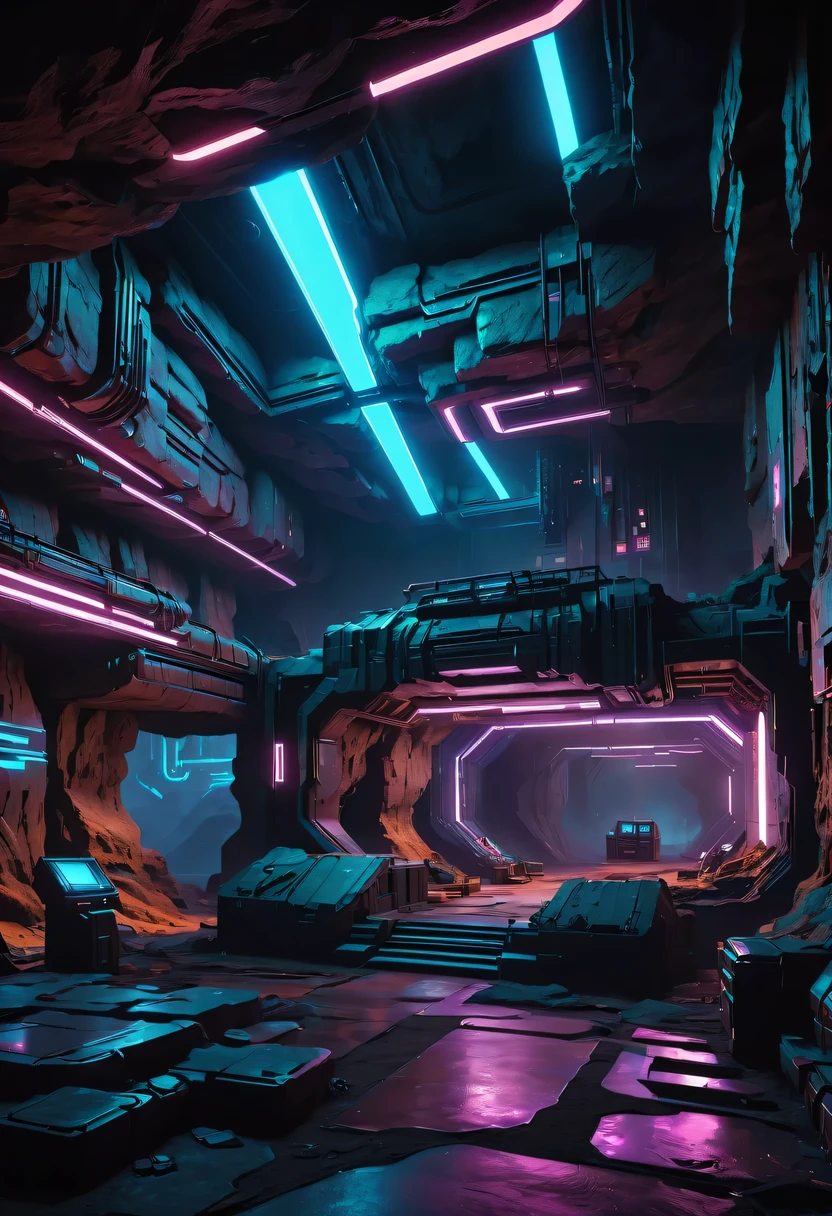 (underground cave research institute:1.2)，underground structure，sense of technology，underground research cave，underground structure，light lighting，sense of technology，futuristic，Science fiction，cyberpunk，Unreal Engine，fault art，mechanical aesthetics，neon lights