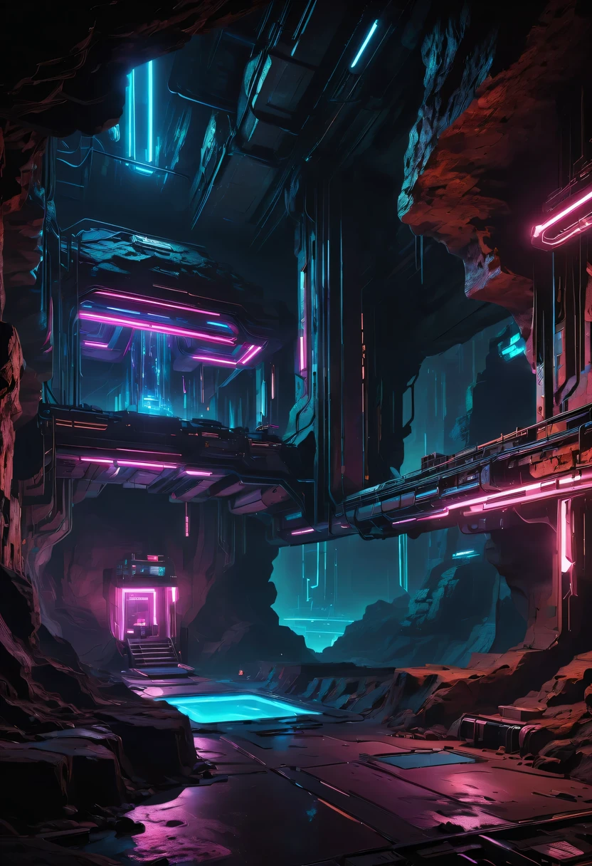 (underground cave research institute:1.2)，underground structure，sense of technology，underground research cave，underground structure，light lighting，sense of technology，futuristic，Science fiction，cyberpunk，Unreal Engine，fault art，mechanical aesthetics，neon lights