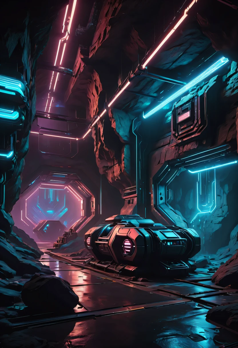 (underground cave research institute:1.2)，underground structure，sense of technology，underground research cave，underground structure，light lighting，sense of technology，futuristic，Science fiction，cyberpunk，Unreal Engine，fault art，mechanical aesthetics，neon lights