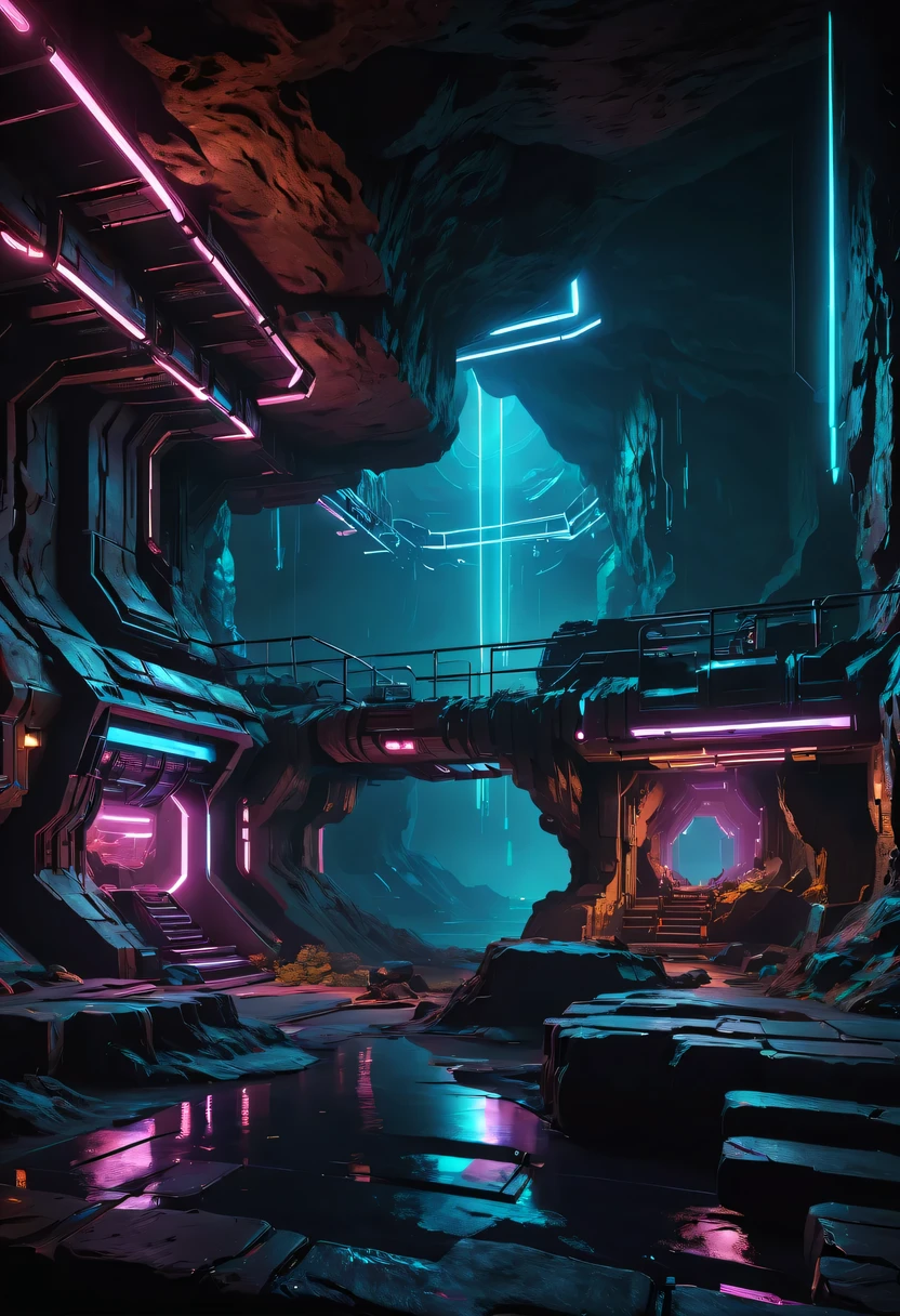 (underground cave research institute:1.2)，underground structure，sense of technology，underground research cave，underground structure，light lighting，sense of technology，futuristic，Science fiction，cyberpunk，Unreal Engine，fault art，mechanical aesthetics，neon lights