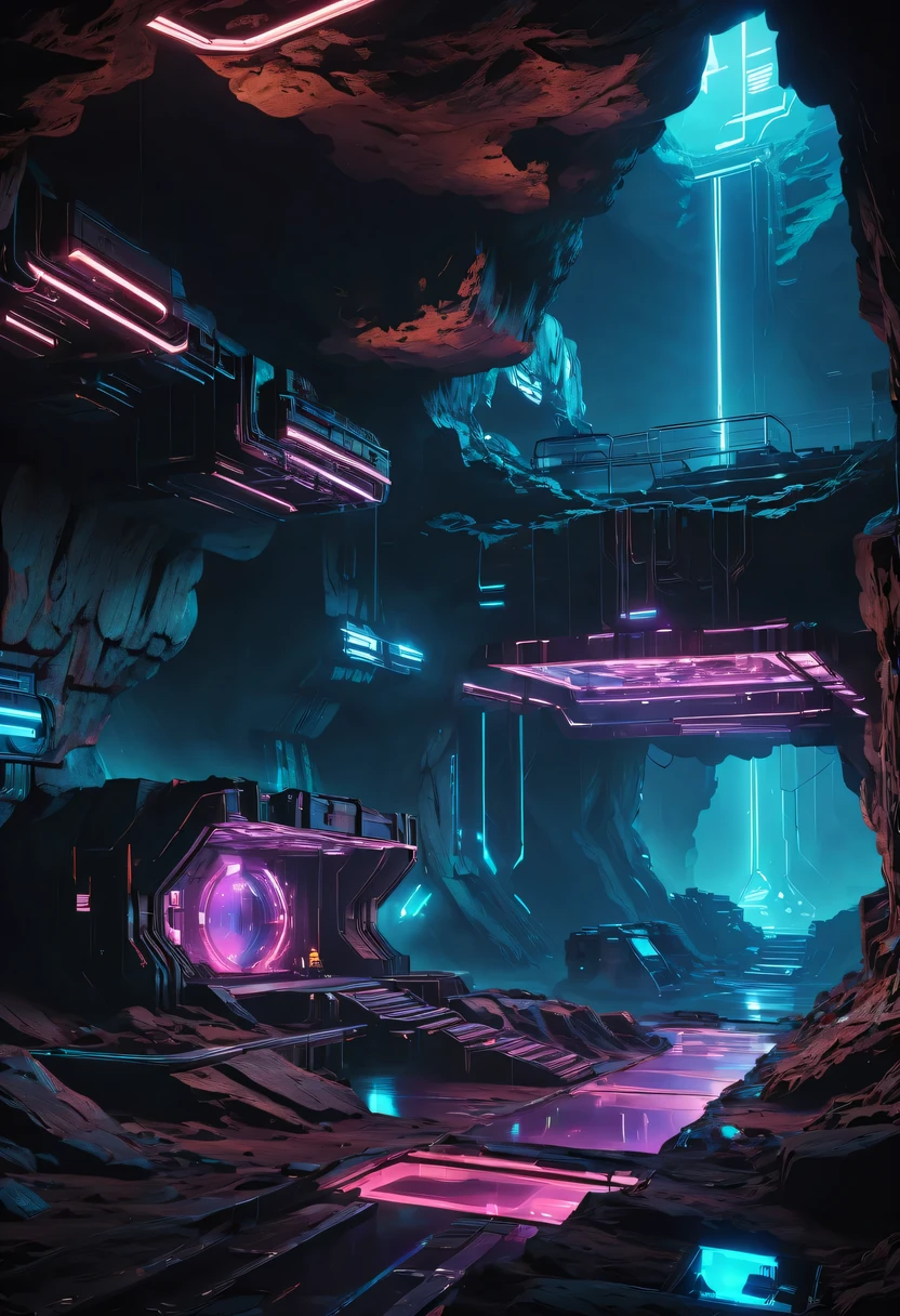 (underground cave research institute:1.2)，underground structure，sense of technology，underground research cave，underground structure，light lighting，sense of technology，futuristic，Science fiction，cyberpunk，Unreal Engine，fault art，mechanical aesthetics，neon lights