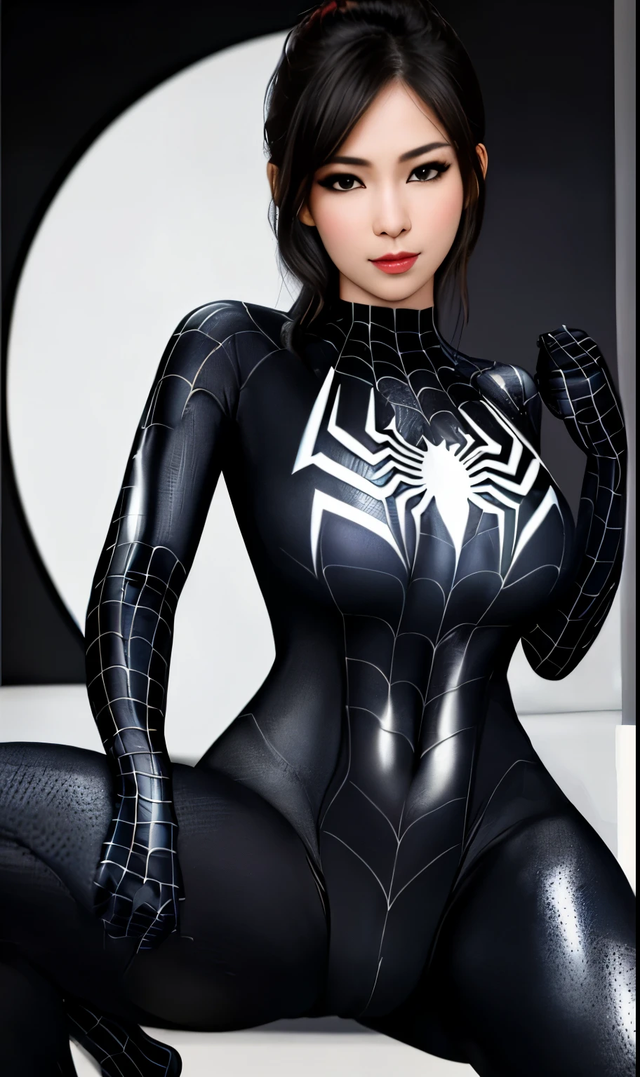 4K,realisticlying,Glamorous,The very detailed,There a girl in Dingcheng,Wearing a black Spider-Man costume,(Black and white:1.4) the night,symbiote,venomize,a large amount of mucus,she a spiderman,Black superhero theme,In front of the sky,Flushed complexion,( Open legs, camel-toe,, Vulvar shape:1.3),(GGCameltoe:1.3)Legs apart,25 age old,full bodyesbian