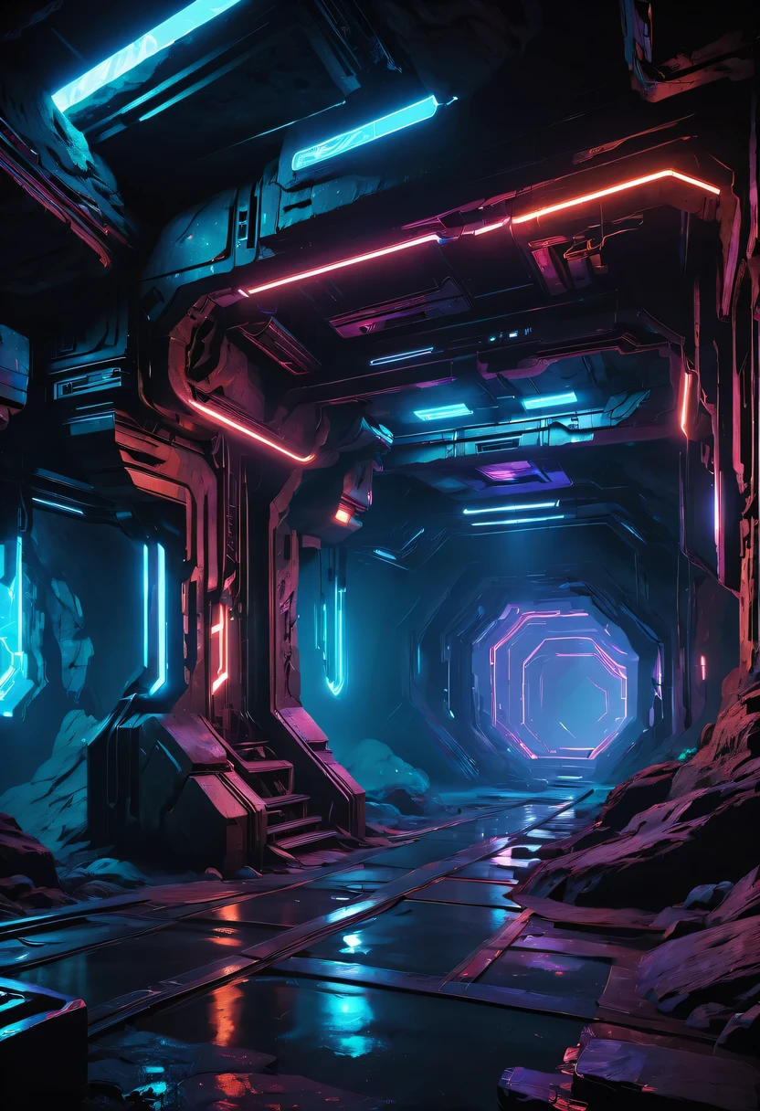 (underground cave research institute:1.2)，underground structure，sense of technology，underground research cave，underground structure，light lighting，sense of technology，futuristic，Science fiction，cyberpunk，Unreal Engine，fault art，mechanical aesthetics，neon lights