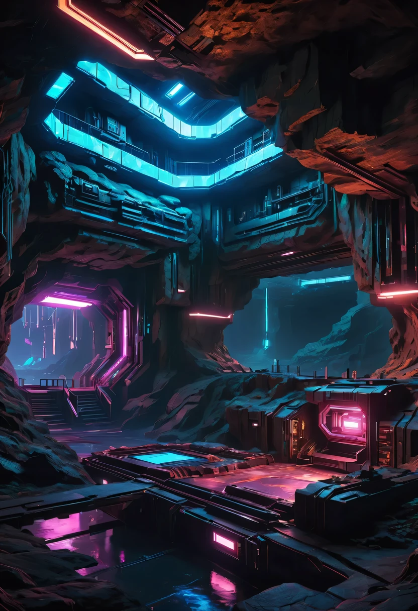 (underground cave research institute:1.2)，underground structure，sense of technology，underground research cave，underground structure，light lighting，sense of technology，futuristic，Science fiction，cyberpunk，Unreal Engine，fault art，mechanical aesthetics，neon lights