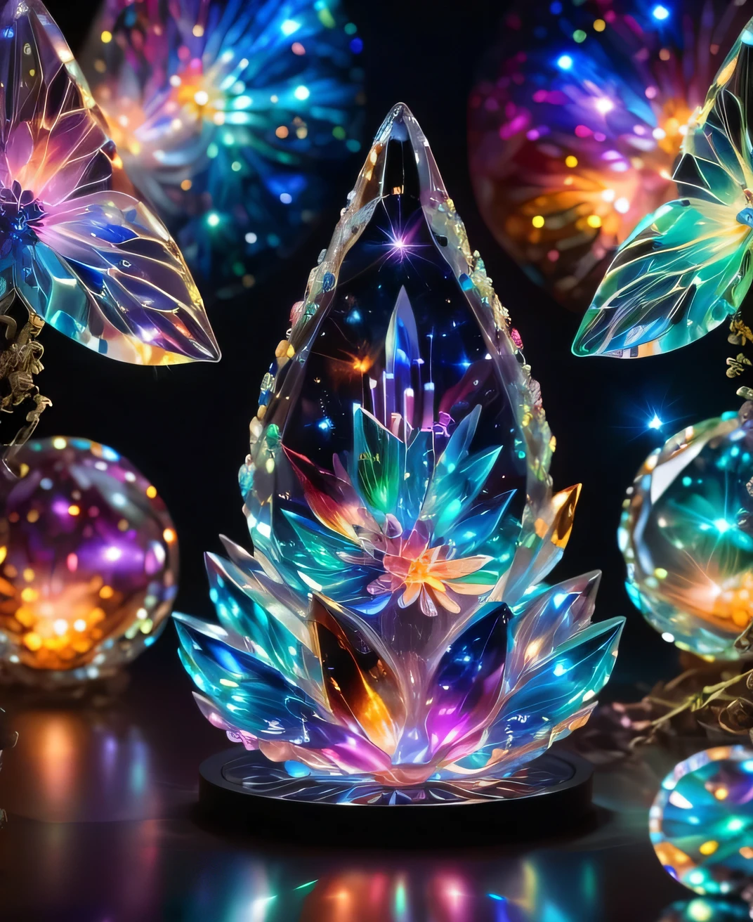 photo of a beautiful transparent glass crystal that glows within, glowing lights, made out of multicolored translucent delicate glass, magical sparkles, vibrant whimsical colors, masterpice, detailed, galaxy, high quality, best resolution, 4k