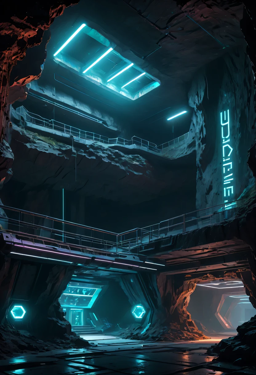 (underground cave research institute:1.2)，underground structure，sense of technology，underground research cave，underground structure，light lighting，sense of technology，futuristic，Science fiction，cyberpunk，Unreal Engine，fault art，mechanical aesthetics，neon lights