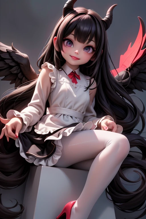 Ultra-realistic 8k CG, masterpiece, best quality, (photorealistic:1.4), absurdres, extremely detailed, real hair, life-like, horror scene, dark setting, (floating), a demon-girl smiling, red lipstick, red smokey eyes make up, showing fang, black hair, girly dress, (white pantyhose), black ((mary jane pumps)), tail, black wings, devil horns, looking at viewer, reflective, crawling toward viewer, night castle sky