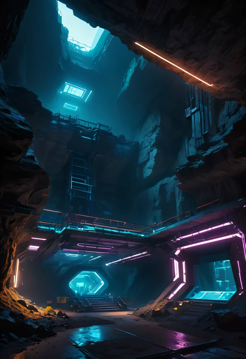 (underground cave research institute:1.2)，underground structure，sense of technology，underground research cave，underground structure，light lighting，sense of technology，futuristic，Science fiction，cyberpunk，Unreal Engine，fault art，mechanical aesthetics，neon lights