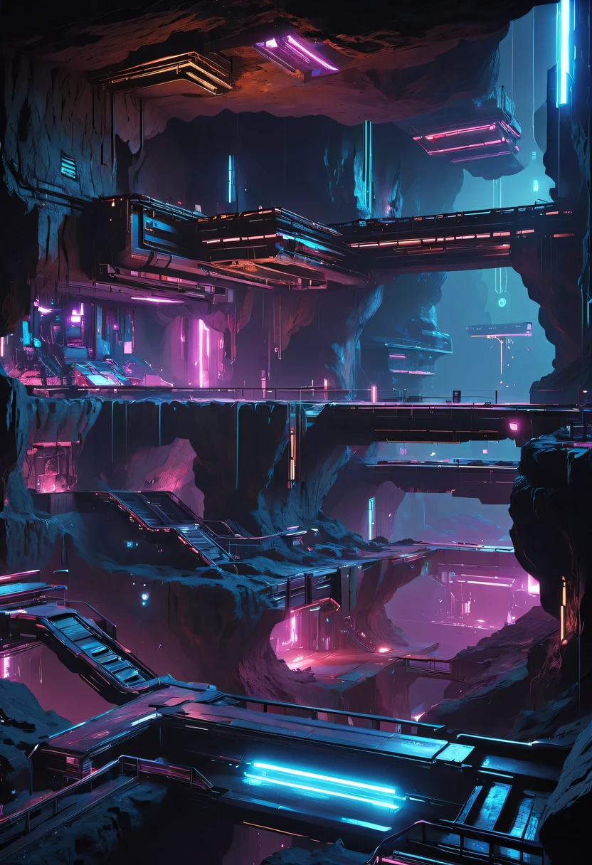 (underground cave research institute:1.2)，underground structure，sense of technology，underground research cave，underground structure，light lighting，sense of technology，futuristic，Science fiction，cyberpunk，Unreal Engine，fault art，mechanical aesthetics，neon lights