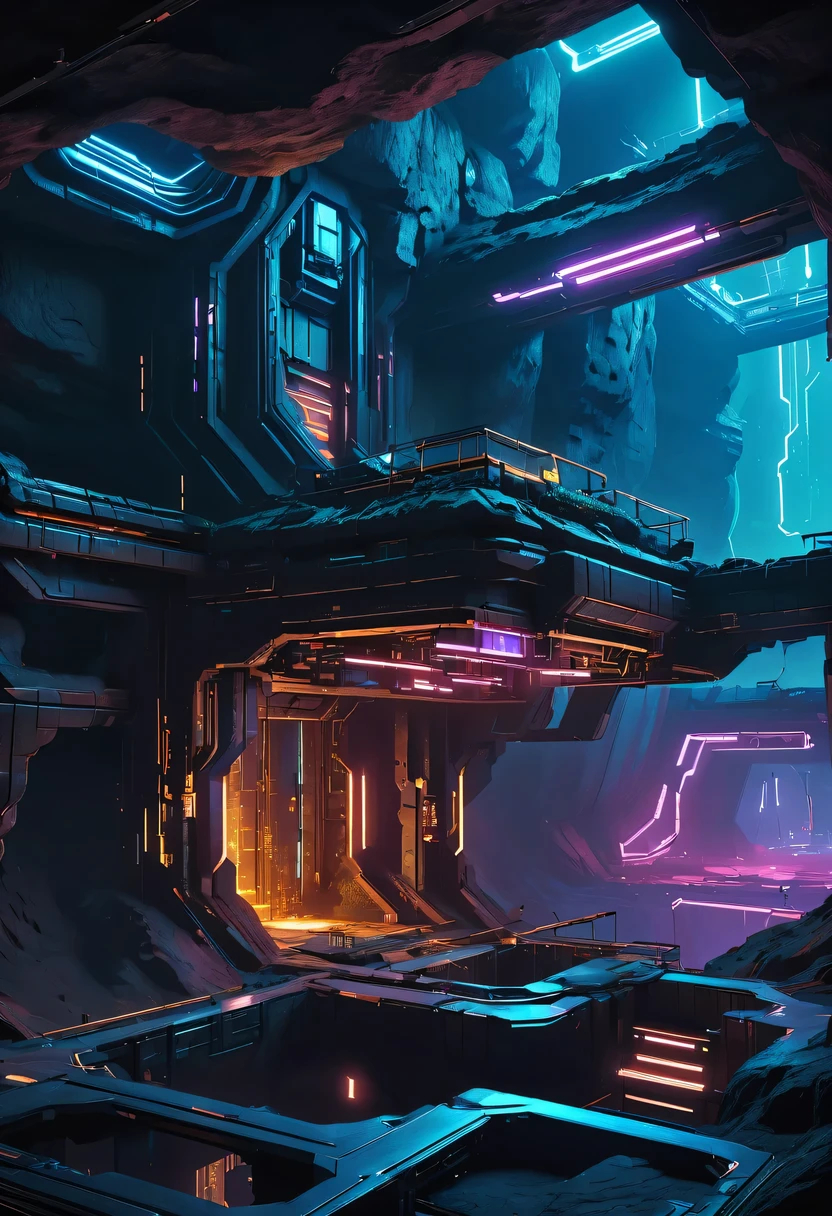 (underground cave research institute:1.2)，underground structure，sense of technology，underground research cave，underground structure，High-tech underground cave，light lighting，sense of technology，futuristic，Science fiction，cyberpunk，Unreal Engine，fault art，mechanical aesthetics，neon lights