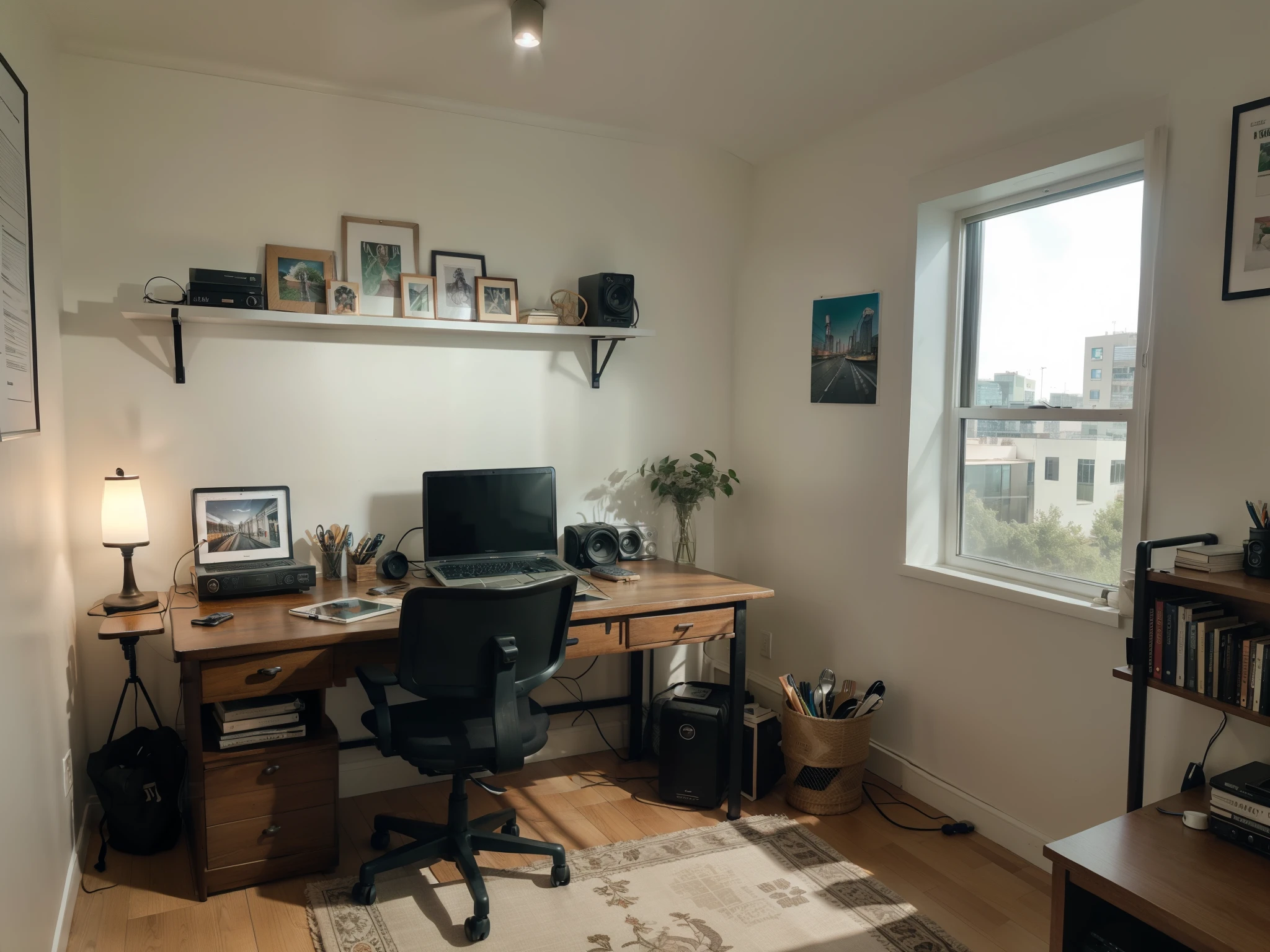 a photography of an instagram influencer desk, studio, with many utensils, 8k, highly detailed, laptop, pens, graphite pens, lamp, window to green urban scenery, radio station, books, papers, drawers, left chair, bedroom, mordern room