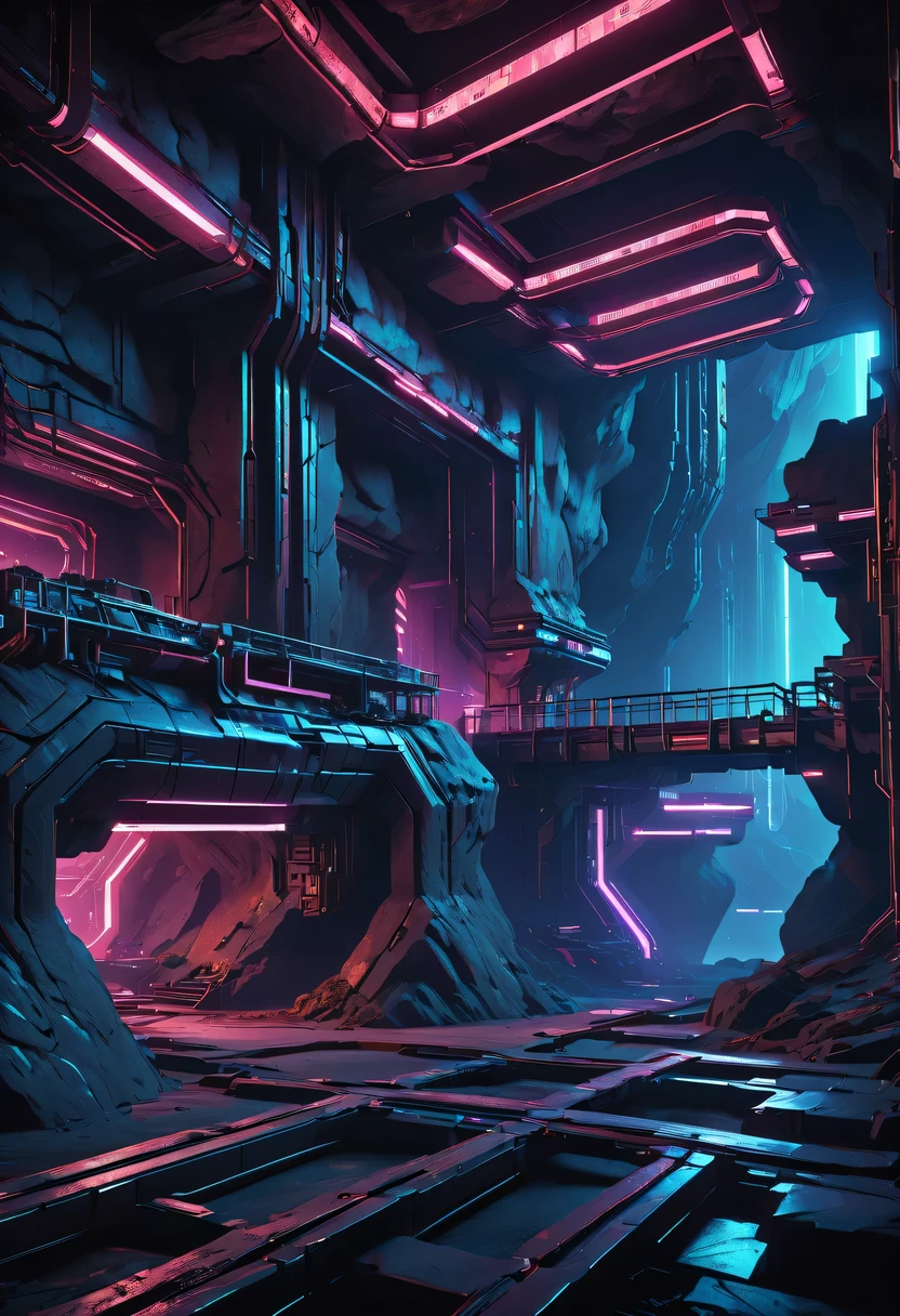 (underground cave research institute:1.2)，underground structure，sense of technology，underground research cave，underground structure，High-tech underground cave，light lighting，sense of technology，futuristic，Science fiction，cyberpunk，Unreal Engine，fault art，mechanical aesthetics，neon lights