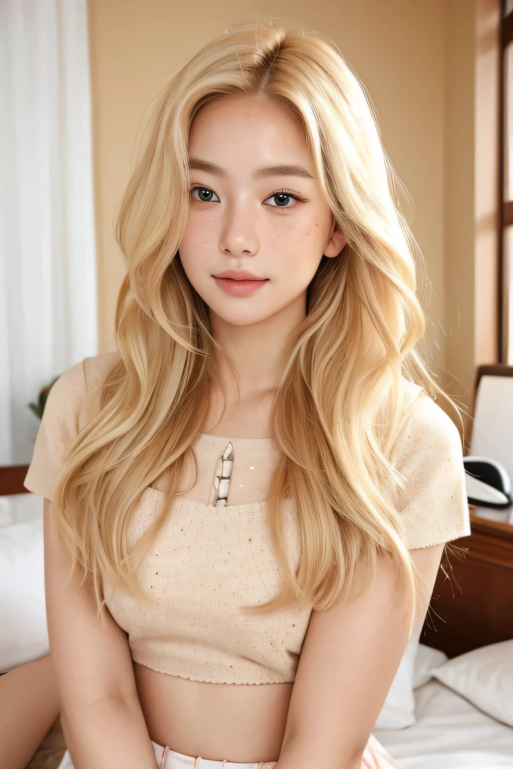 realistic portrait photo of beautiful woman with blonde hair, hair roots slightly faded, Malaysian, influencer, light freckles, brown eyes, candid, waist-up shot, indoors, bedroom, no makeup, Instagram