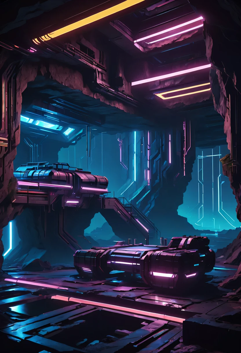 (underground cave research institute:1.2)，underground structure，sense of technology，underground research cave，underground structure，light lighting，sense of technology，futuristic，Science fiction，cyberpunk，Unreal Engine，fault art，mechanical aesthetics，neon lights